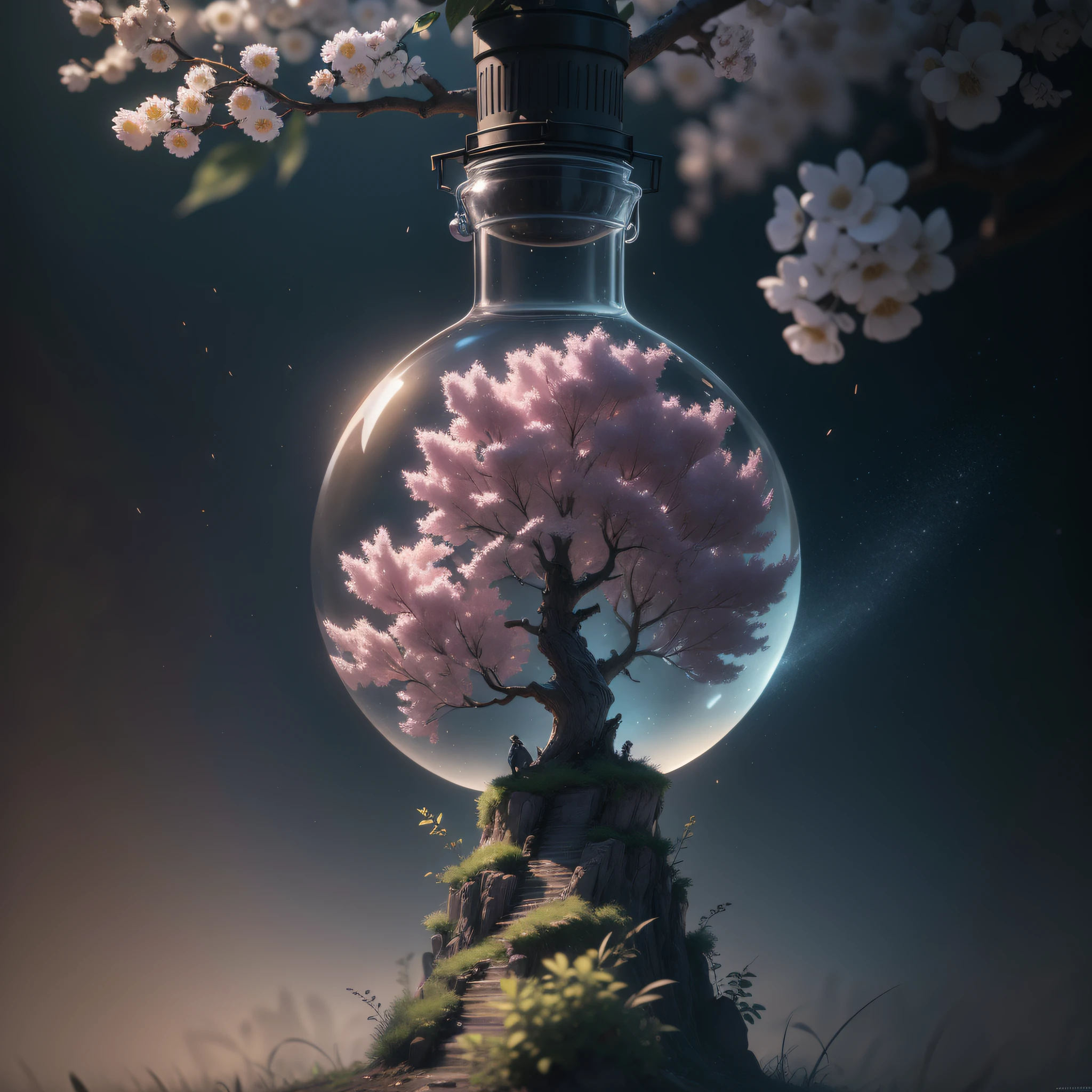 A fantastic art tree in a bottle, fluffy, realistic, photographic, classic, dreamy, artistic, brilliant leaves and branches with flowers on its head. Hyper-detailed photo realism by Greg Rutkowski - H1024W 804 | F16 Lens Marker 2:2 S 35555 mm Film Particles: 1 realistic high-resolution sharp-focus contrast! The intricate, detailed atmospheric refractive lighting in Unreal Engine 5's cinematic concept film masterpiece, Octane, reflects the CGSociety trend