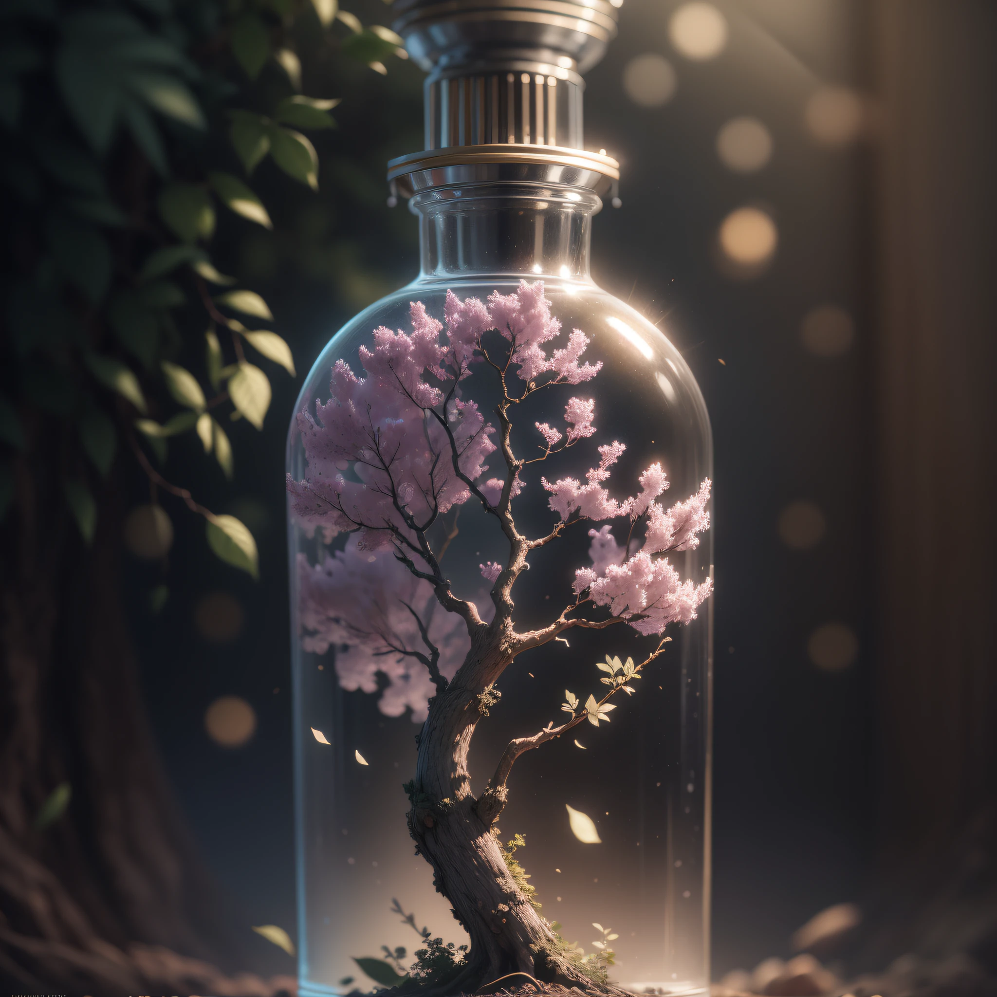 A fantastic art tree in a bottle, fluffy, realistic, photographic, classic, dreamy, artistic, brilliant leaves and branches with flowers on its head. Hyper-detailed photo realism by Greg Rutkowski - H1024W 804 | F16 Lens Marker 2:2 S 35555 mm Film Particles: 1 realistic high-resolution sharp-focus contrast! The intricate, detailed atmospheric refractive lighting in Unreal Engine 5's cinematic concept film masterpiece, Octane, reflects the CGSociety trend