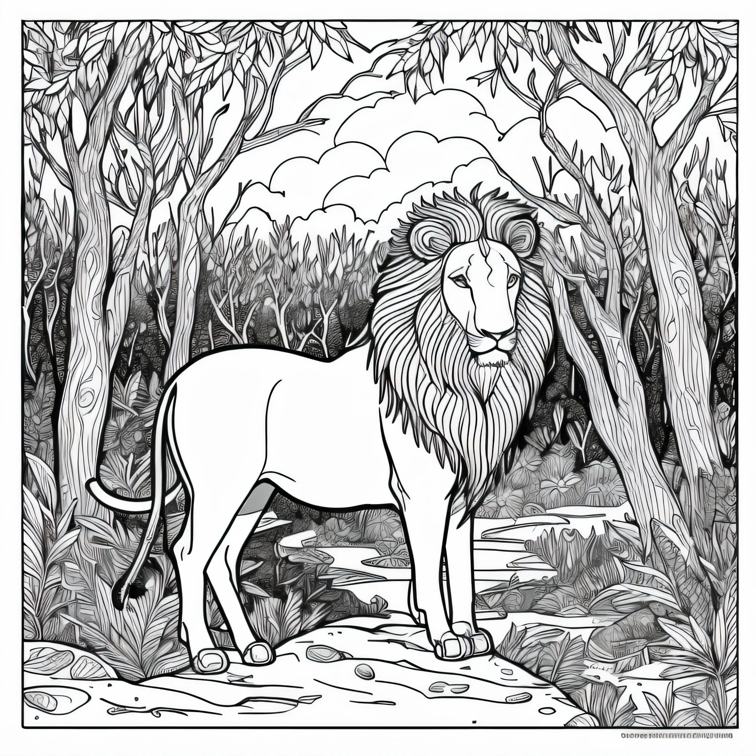 Coloring page of a lion in the forest with madala in the background , desenhos para colorir, florestas ,lion, clean coloring book page, black and white coloring, coloring book outline, kids fantasy drawing, arte da linha preto e branco, linear limpo, line art colouring page, com muitos detalhes, white unicorn, apenas nas cores preto e branco --auto