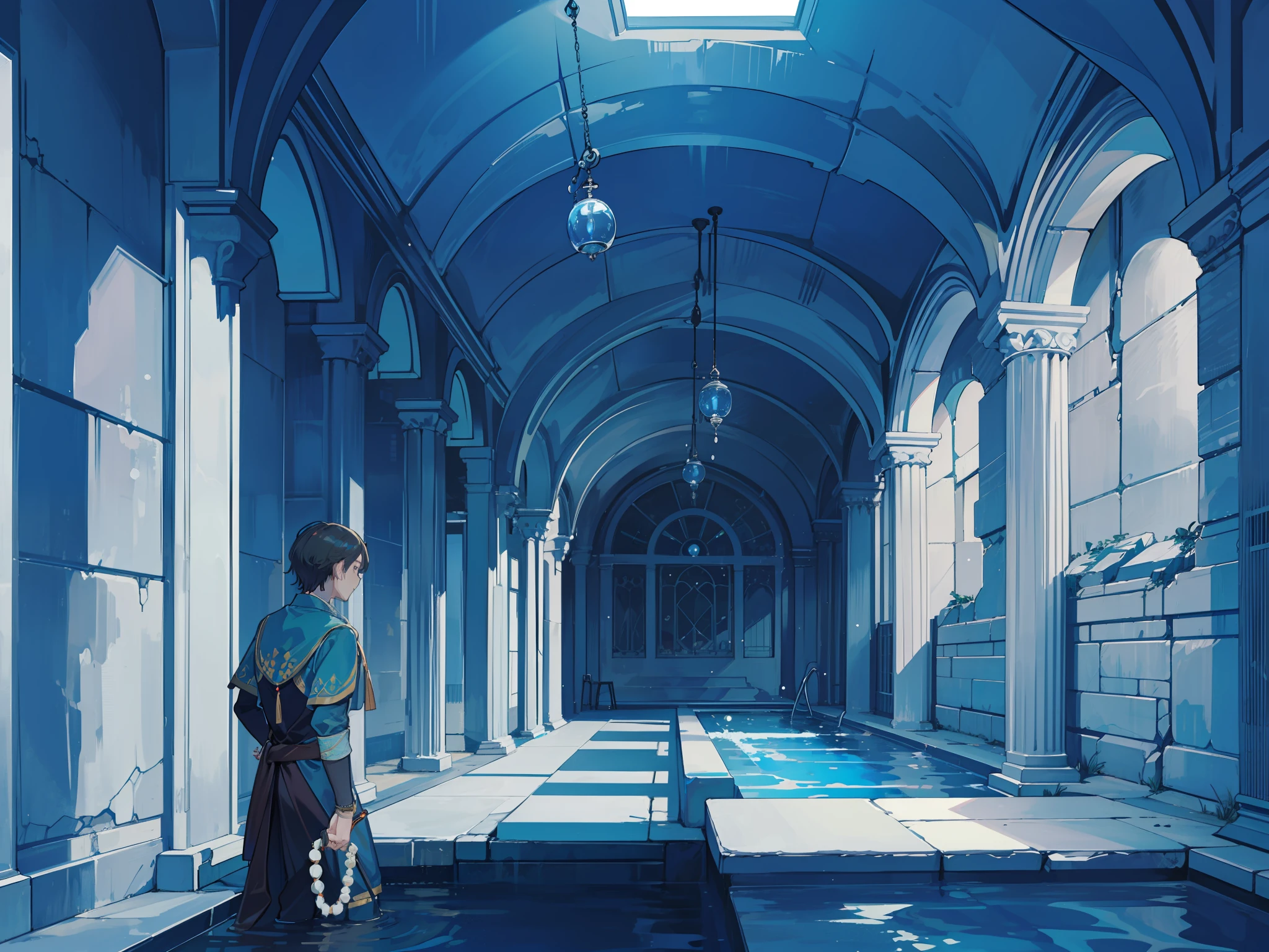 1man, male, mage, holding pearl necklace, ancient stone passage, pool of water, interior ruins, (Masterpiece: 1.2) (Best quality: 1.3)