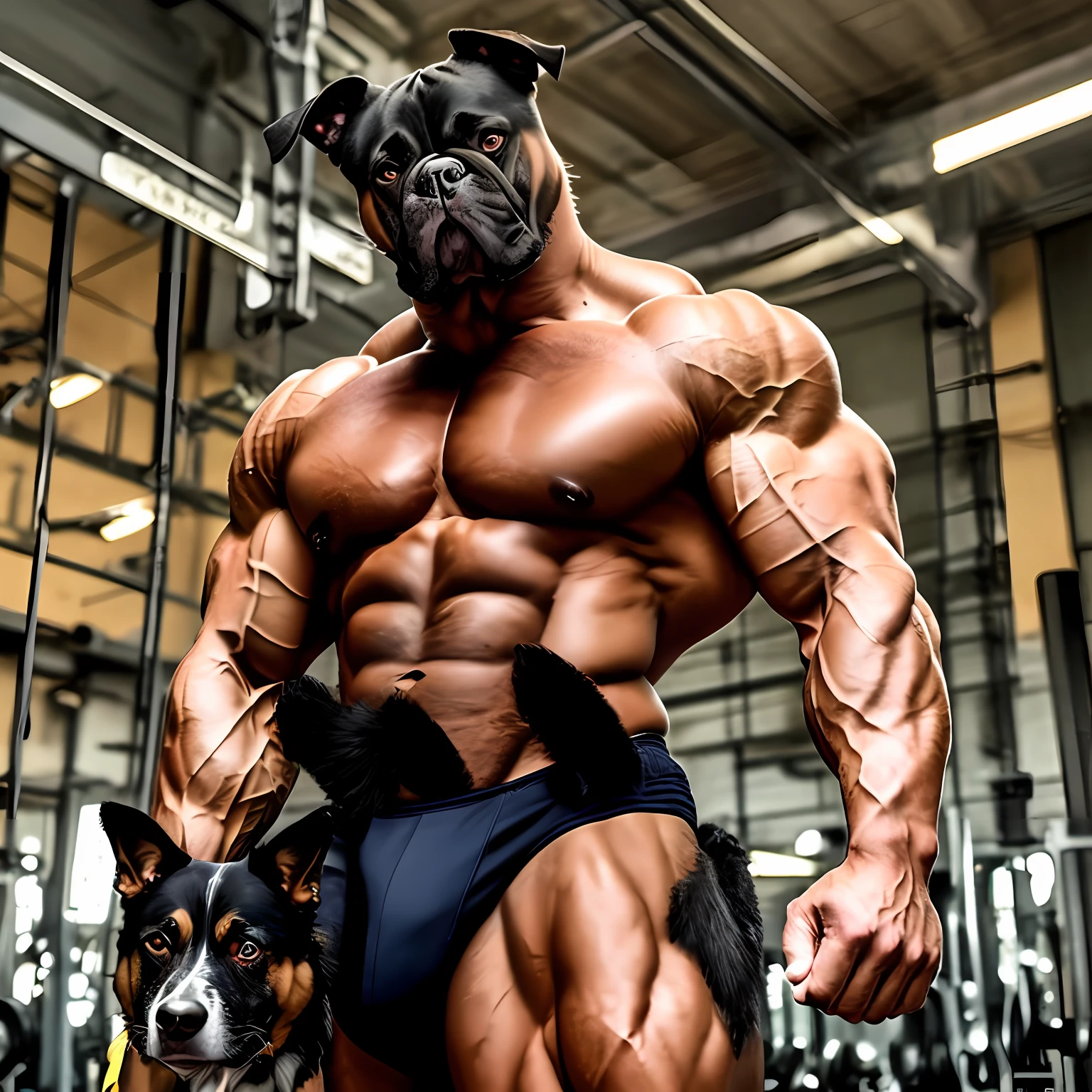 Man with strong dog head with sample muscles, em academia --auto --s2