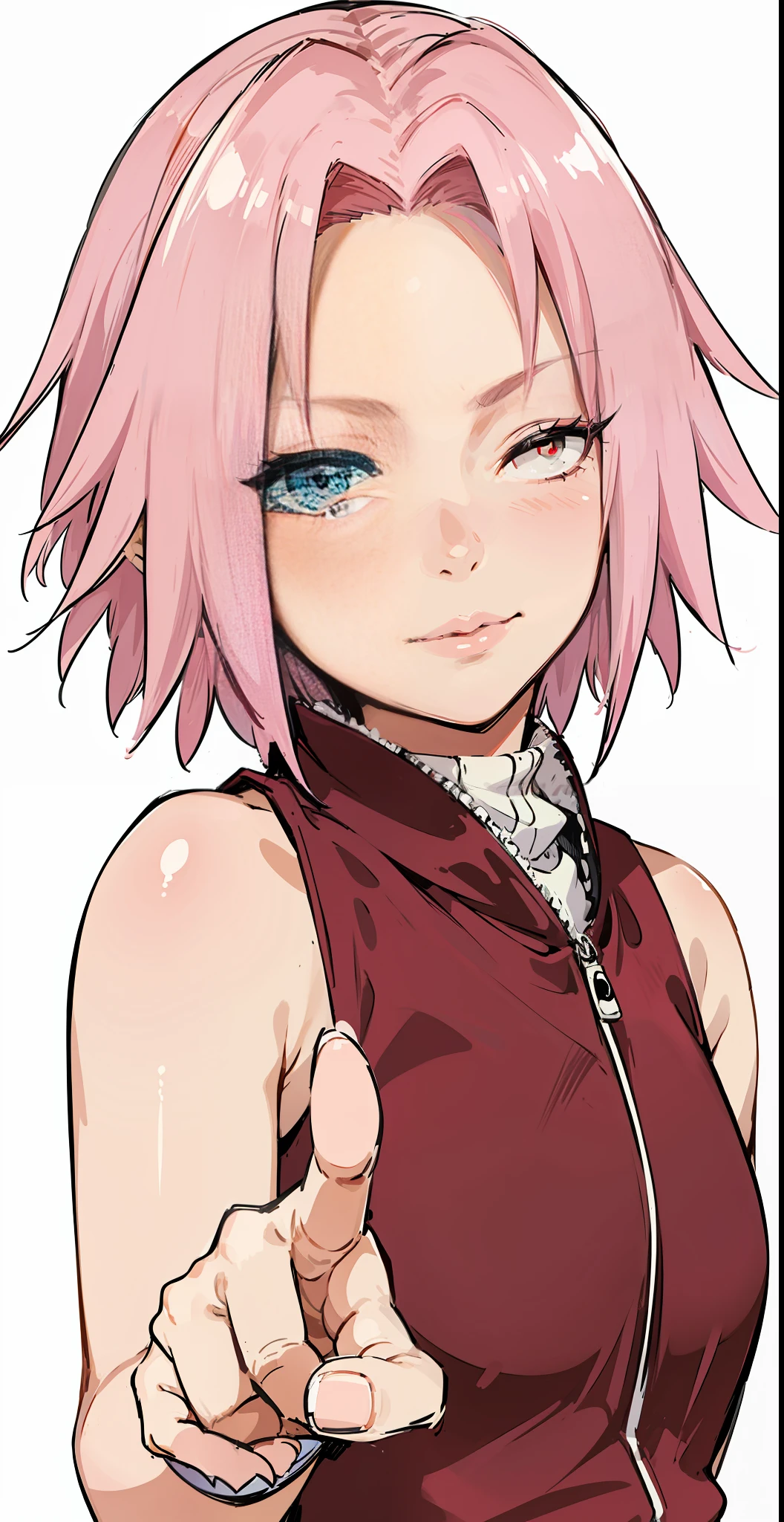 sakura haruno, Com apenas um olho aberto. One eye is closed. Usando uma bandana ninja como uma fita no cabelo.