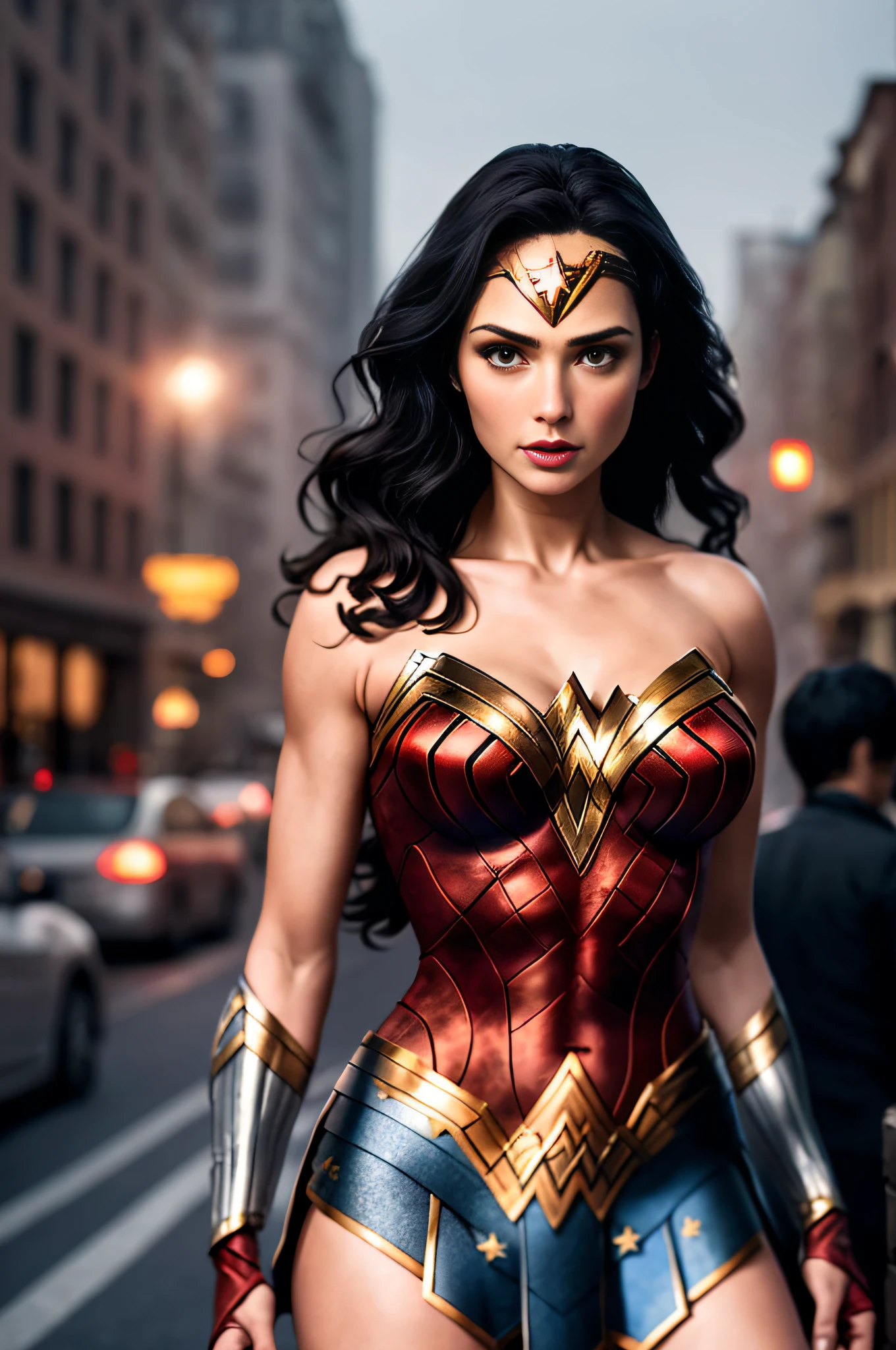 ((Realistic lighting, Best quality, 8K, Masterpiece: 1.3)),Gal Gadot, cosplay (wonder woman),Outdoors,in the center of city at night,