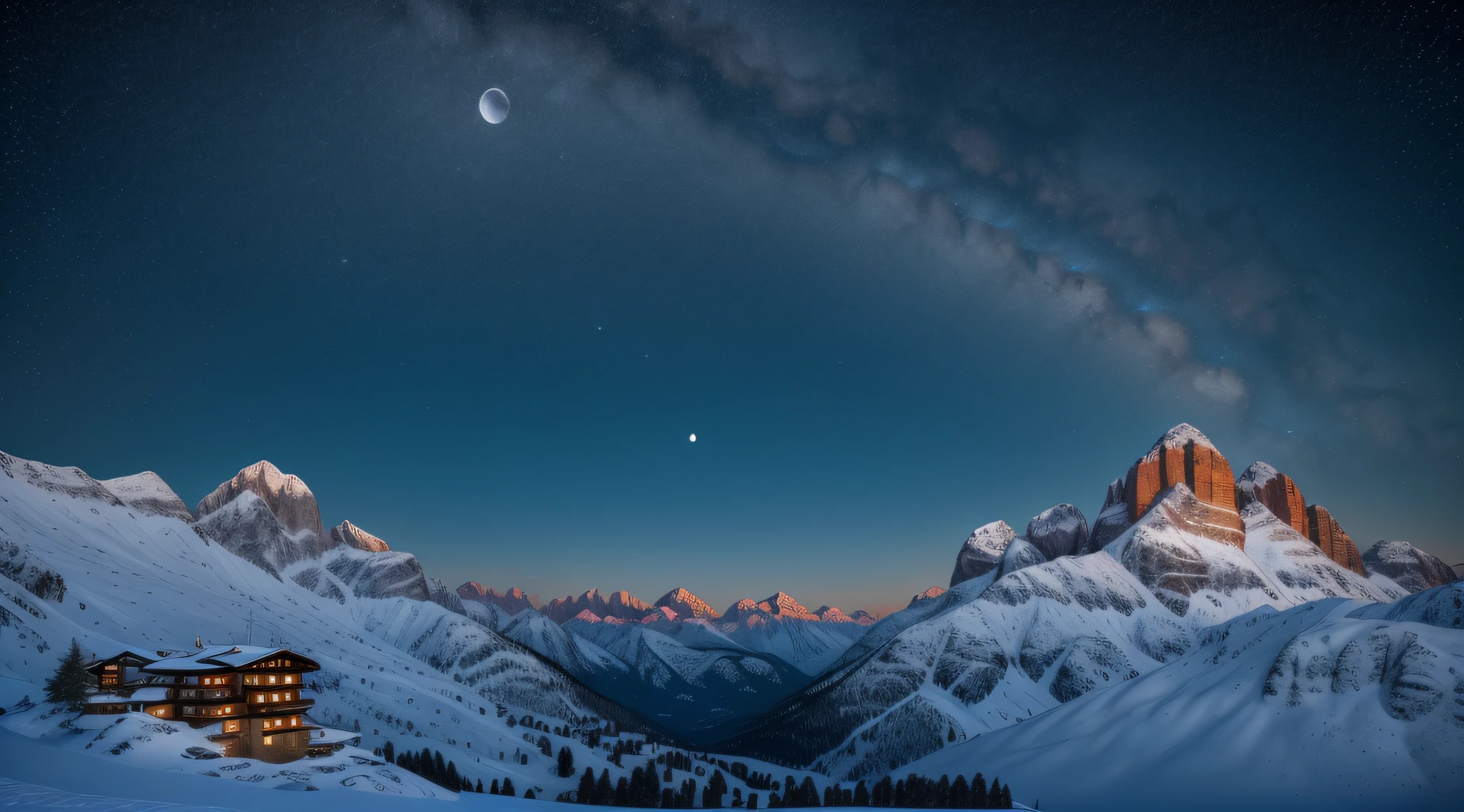 (extremely detailed CG 8k wallpaper unit, masterpiece, best quality, ultra-detailed), (better lighting, better shadow, an extremely delicate and beautiful) Colfosco overlooking the Sella Group and Val Mezdì, a night with moon and stars in the heart of the Dolomites