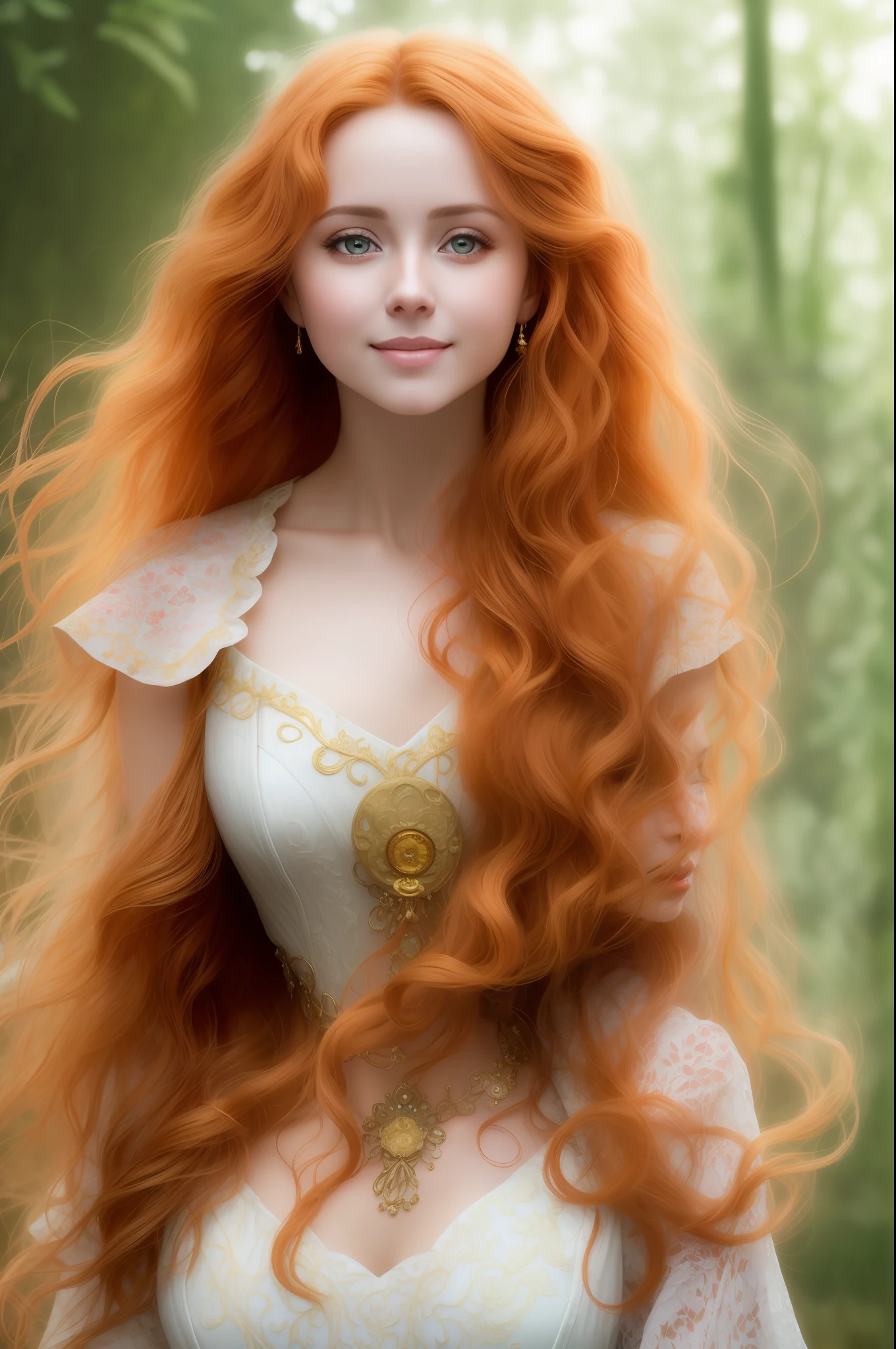 Anna Semenovich, Ana De Armas, natural skin, translucent skin, Arcade core Portrait, elegant, smile, redhead ginger curly hairs, gold dreamlike, big beutiful eyes, Alphonse Mucha dynamic lighting trending on artstation, 8k, sharp focus, art illustration by Miho Hirano, epic realistic, hdr, intricate details, intricate, cinematic, detailed