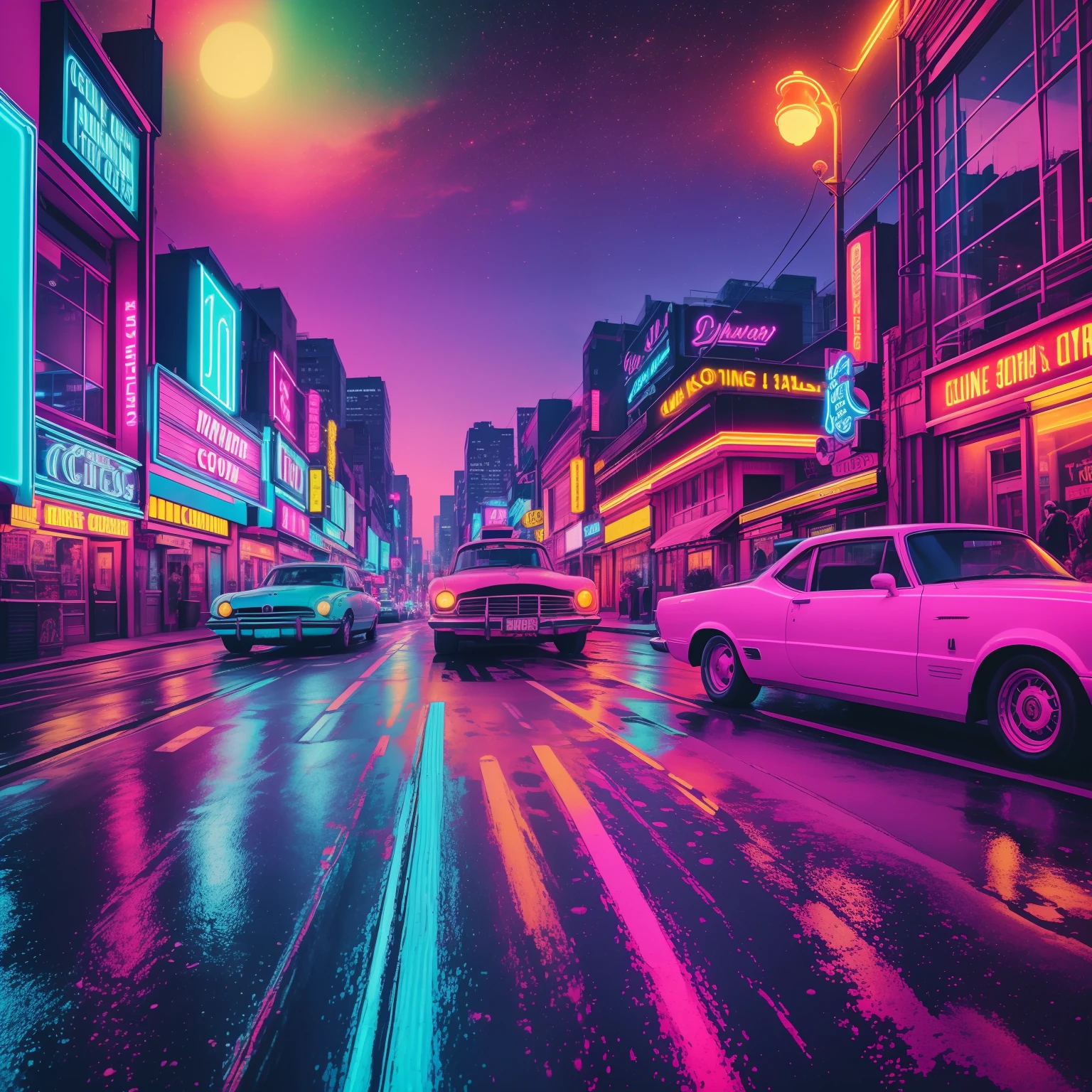 (best quality) (cinema style) (Detailed Description) A dark city street with a parked car, CGesociety, dark city streets with neon lights on buildings, atmospheric cinema style photo, neon cine