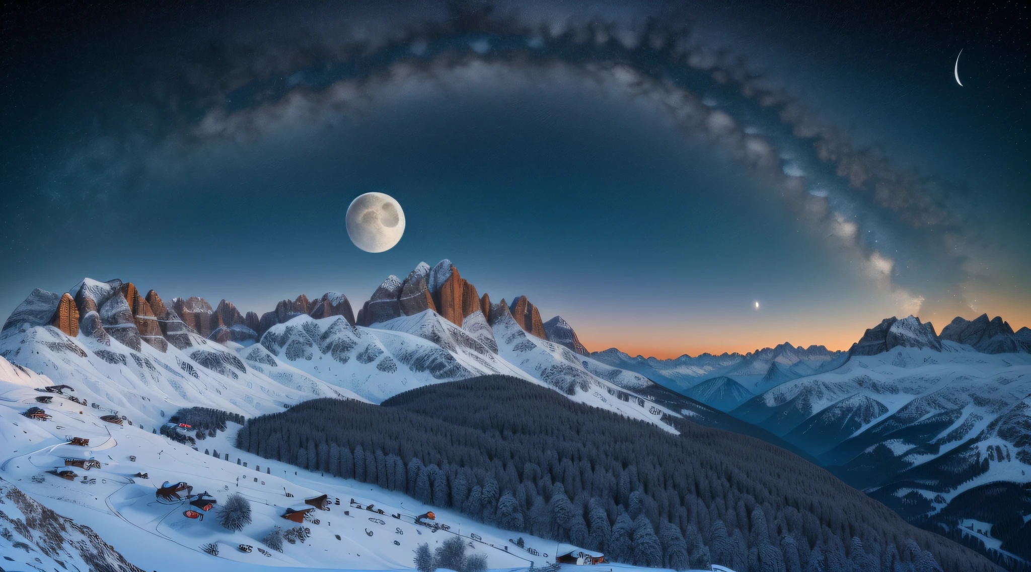 (extremely detailed CG 8k wallpaper unit, masterpiece, best quality, ultra-detailed), (better lighting, better shadow, an extremely delicate and beautiful) Colfosco overlooking the Sella Group and Val Mezdì, a night with moon and stars in the heart of the Dolomites