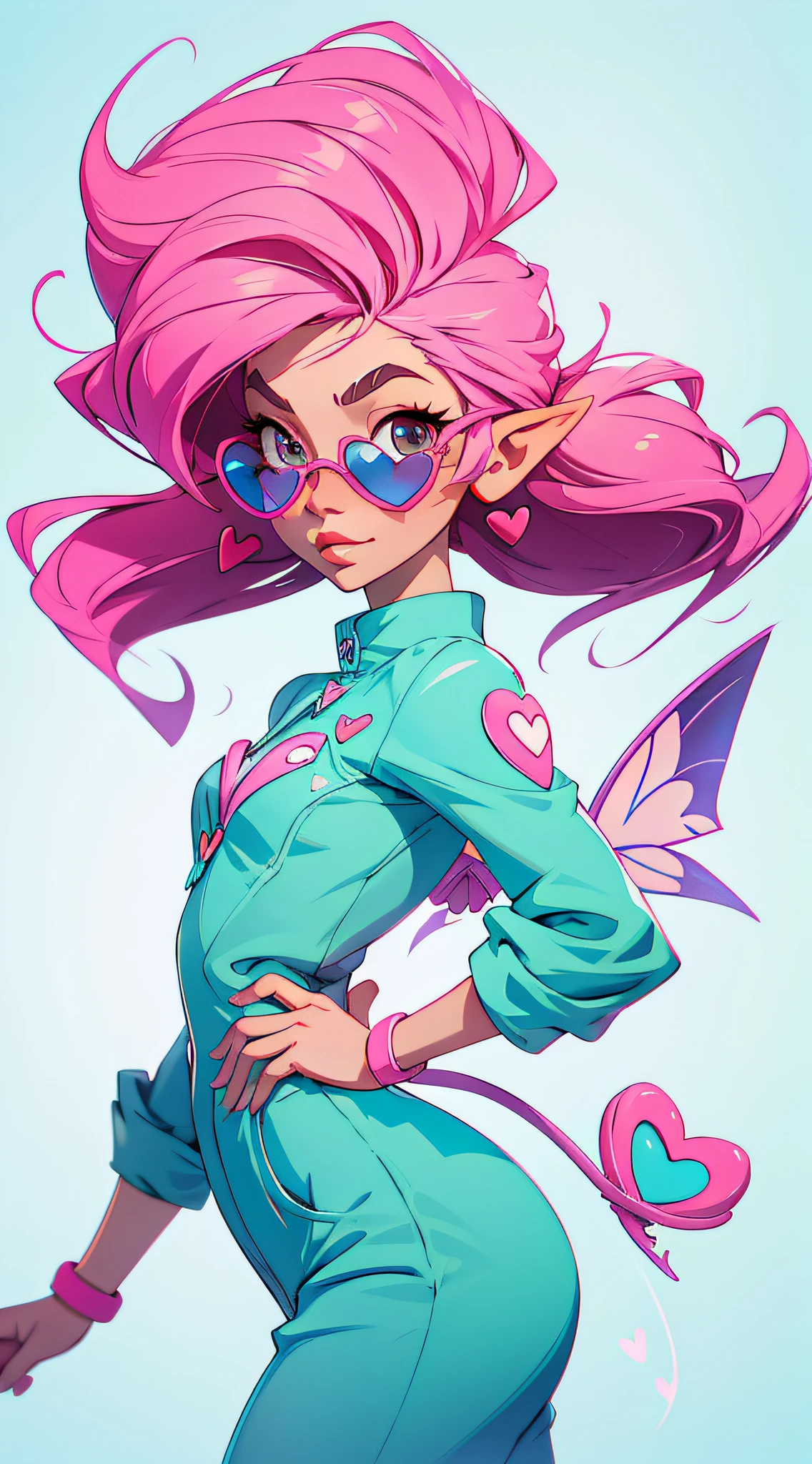 adult demon pixie, sexy body, jumpsuit, forest background, pink features, pink heart sunglasses, floating hearts, tattoos, blue flames; Powerpuff Girls, My Little Pony, Hello Kitty [emma roberts]; ultra detailed, 8k