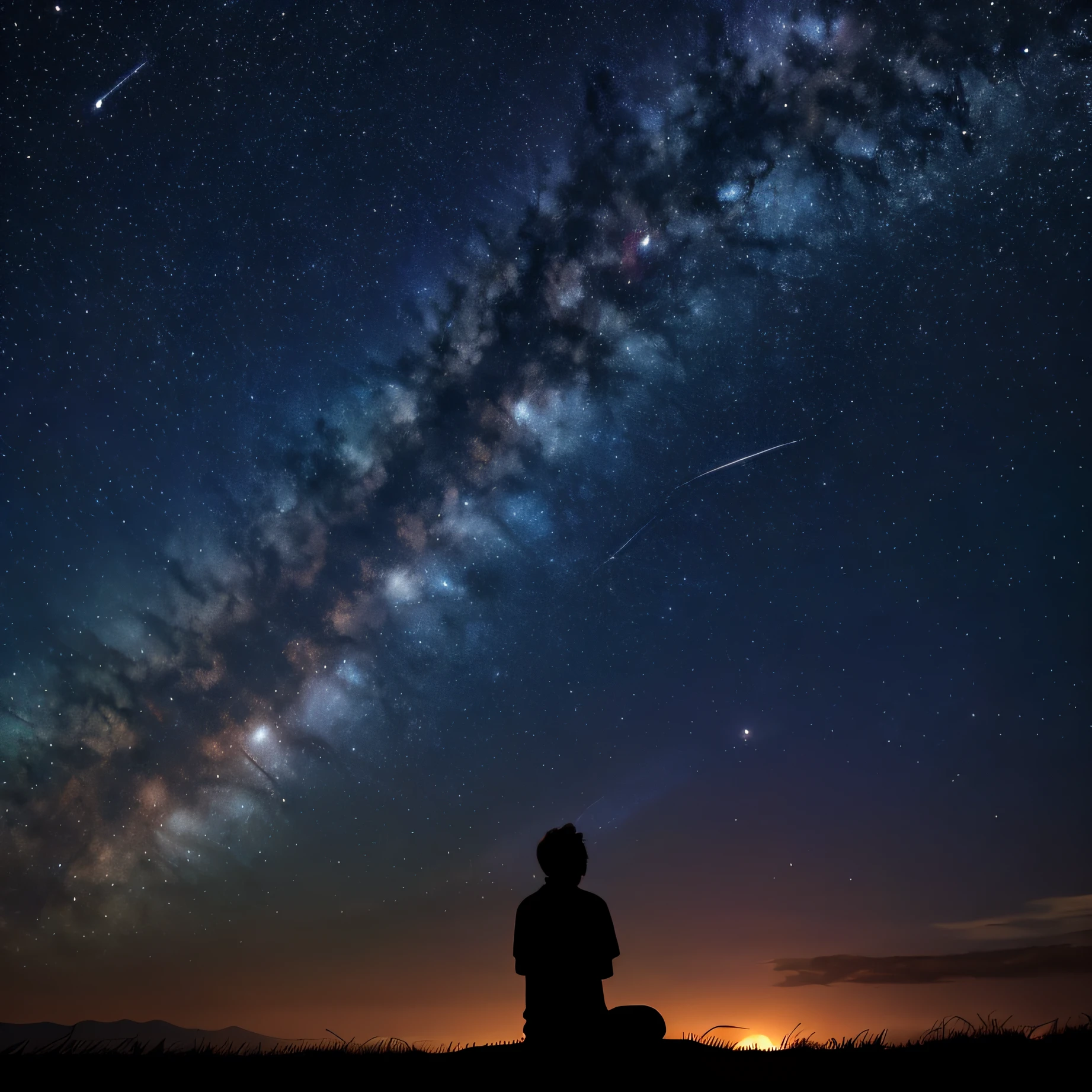 Boundless starry sky，10,000 stars，Big Dipper，A deep eye gazed at the starry sky，Robust teenager，Stunning visuals，Dark glaze light --auto
