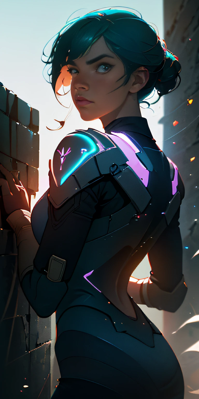 (best quality, masterpiece, octane render), futuristic soldier having a break, leaning against a wall, particle, wind, looking at viewer, backlighting, upper body, dynamic pose