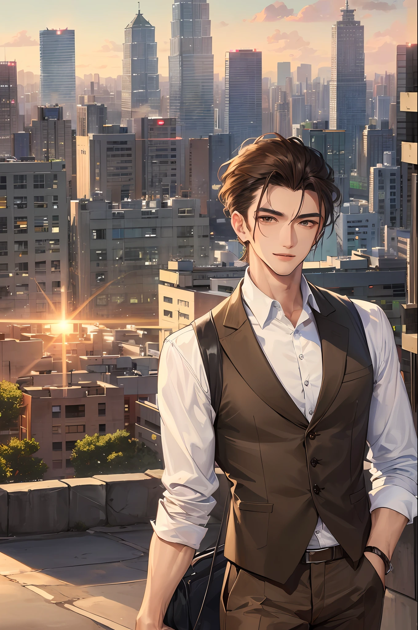 masterpiece, (handsome Taiwanese man:1.3), (taiwanese man:1.3), Delicate and beautiful hair and eyes and face, handsome man, large office, large window office, city scenery, (sidelighting:1.2), lean, muscular, slightly tanned complexion, broad shoulders, smirking, scenery, slicked back tousled hair, ceo office, building, (cityscape:1.7), dynamic hair, tousled slicked back hair, detailed jet black hair, glow brown eyes, (white shirt+brown vest+brown suit+brown trousers), tan skin, 1man