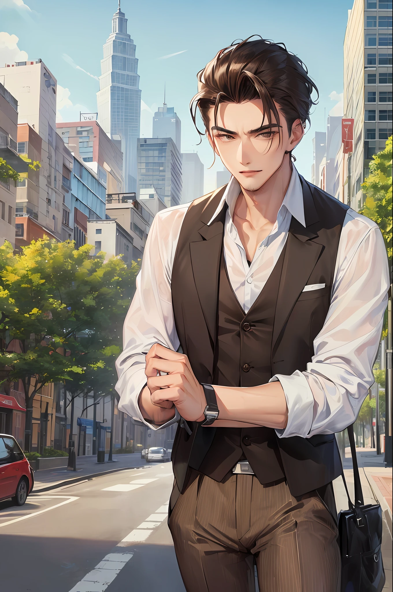 masterpiece, (handsome Taiwanese man:1.3), (taiwanese man:1.3), Delicate and beautiful hair and eyes and face, handsome man, large office, large window office, city scenery, (sidelighting:1.2), lean, muscular, slightly tanned complexion, broad shoulders, smirking, scenery, slicked back tousled hair, ceo office, building, (cityscape:1.7), dynamic hair, tousled slicked back hair, detailed jet black hair, glow brown eyes, (white shirt+brown vest+brown suit+brown trousers), tan skin, 1man