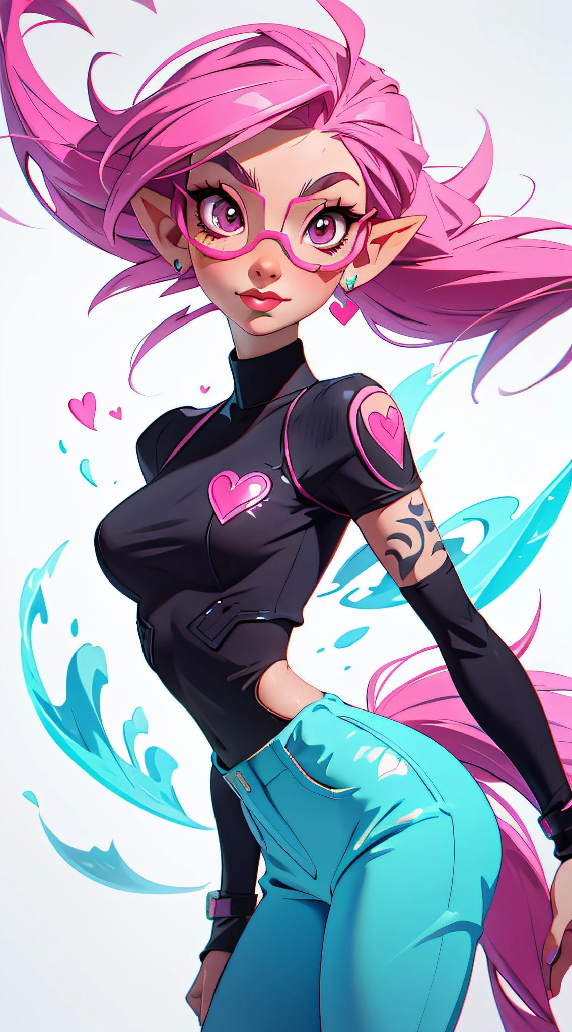 adult demon pixie, sexy body, pink features, pink heart sunglasses, tattoos, blue flames; Powerpuff Girls, My Little Pony, [emma roberts]; ultra detailed, 8k