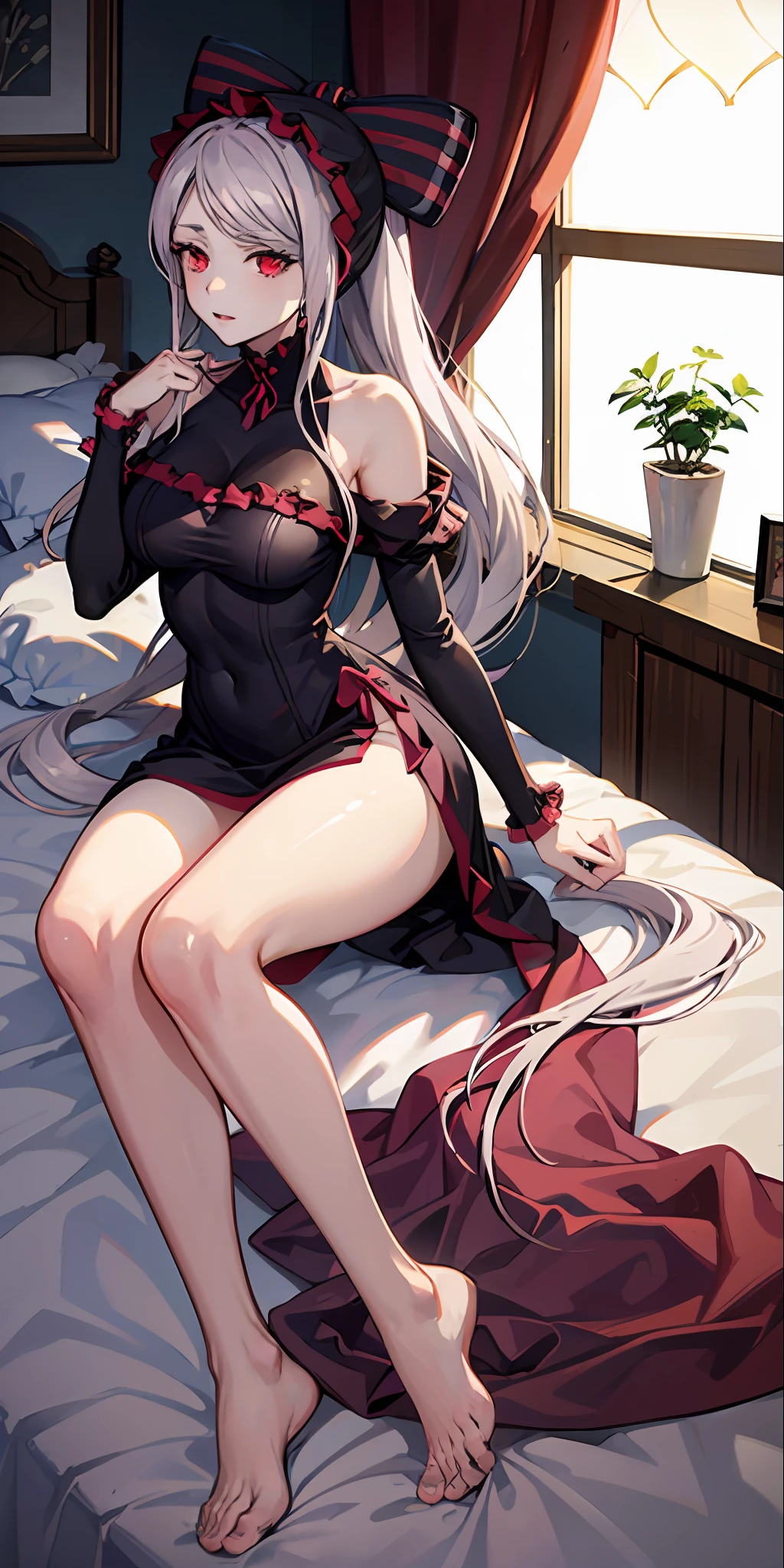 Shalltear, 1Menina, Vampiro, sentada numa cama, pernas cruzadas, pale skin, pele branca, quarto, sorrir, boca aberta, estante, vestido longo, olhos cortados, vestido babado, hair bow, split lighting, light particles, altamente detalhado, absurdos, Obra prima, boa anatomia
