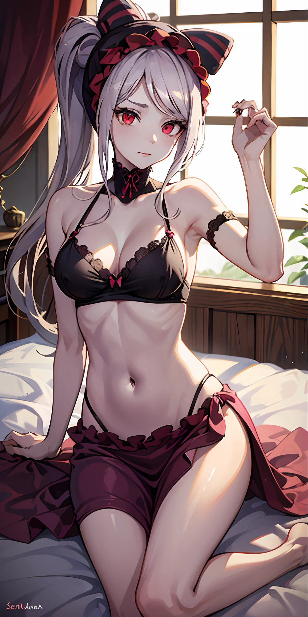 Shalltear, 1Menina, Vampiro, sentada numa cama, pernas cruzadas, pale skin, pele branca, quarto, sorrir, boca aberta, estante, vestido longo, olhos cortados, vestido babado, hair bow, split lighting, light particles, altamente detalhado, absurdos, Obra prima, boa anatomia
