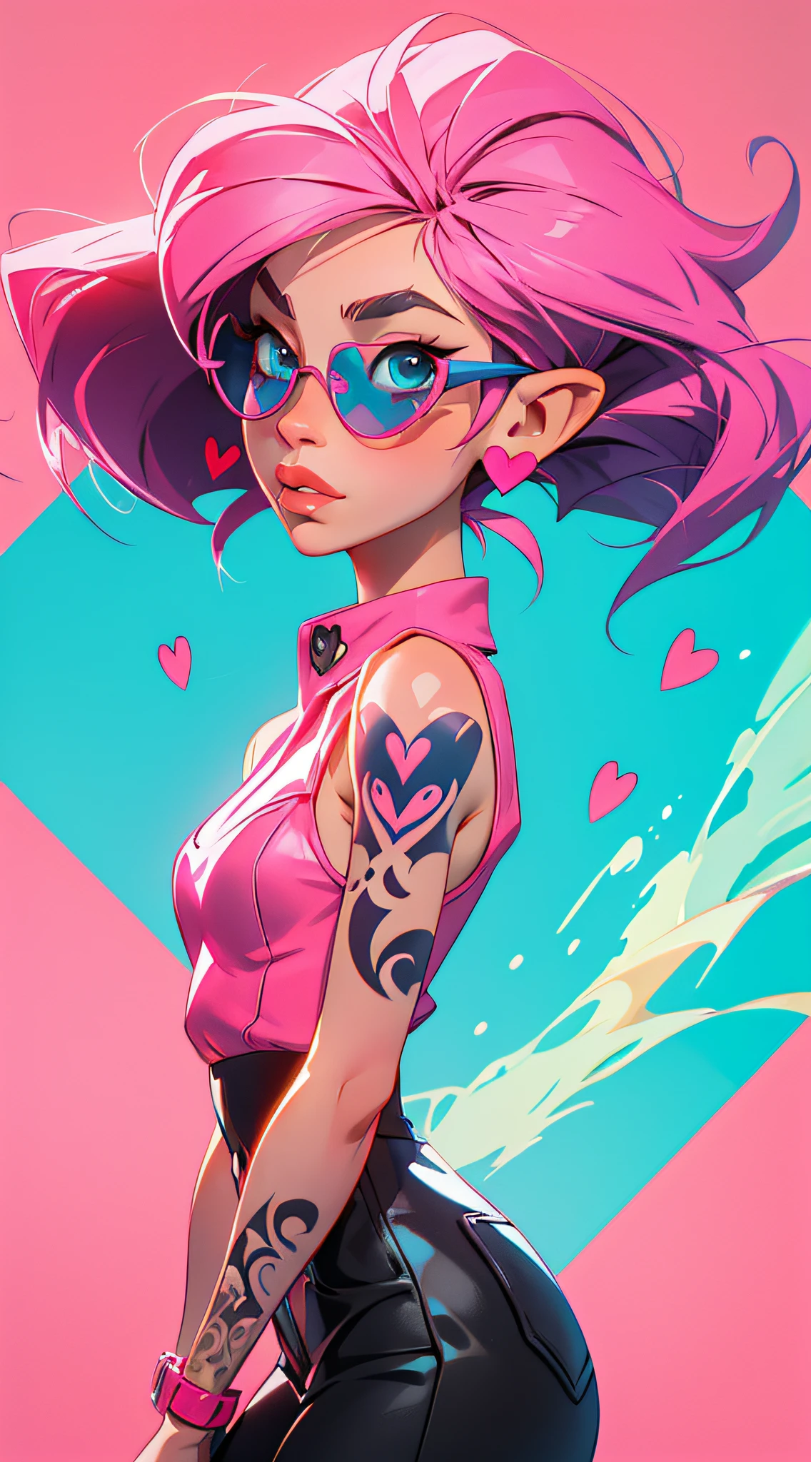 adult demon pixie, sexy body, pink features, pink heart sunglasses, tattoos, blue flames; Powerpuff Girls, My Little Pony, [emma roberts]; ultra detailed, 8k