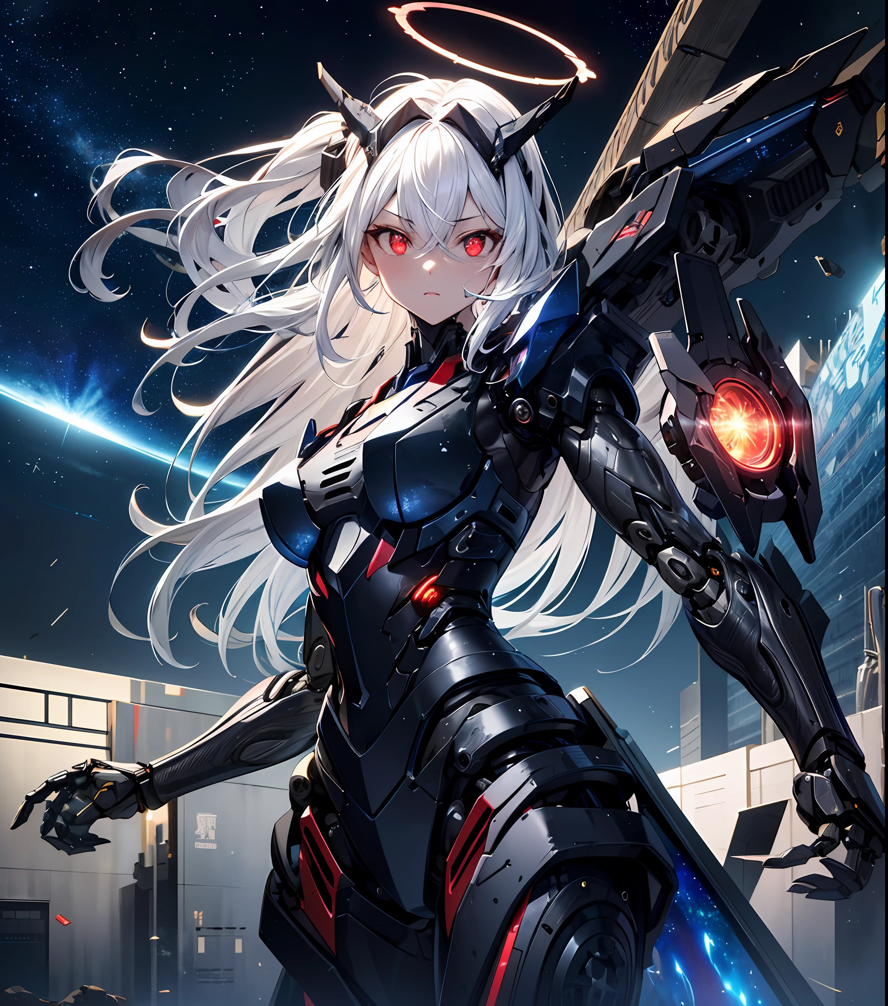masterpiece,best quality,ultra-detailed,very detailed illustrations,extremely detailed,intricate details,highres,super complex details,extremely detailed 8k cg wallpaper,cowboy shot, caustics,reflection,ray tracing,demontheme,nebula,dark aura,cyber effect, (1girl:1.4),solo,alone,mecha musume,mechanical parts, robot joints,single mechanical arm, headgear, mechanical halo,star halo,intricate mechanical bodysuit, mecha corset, full armor, very long hair,white hair, hair between eyes, multicolored hair, colored inner hair, red eyes,glowing eye,eye trail, random expressions,random action, ancient japanese architecture,pond, starry sky,skyline,