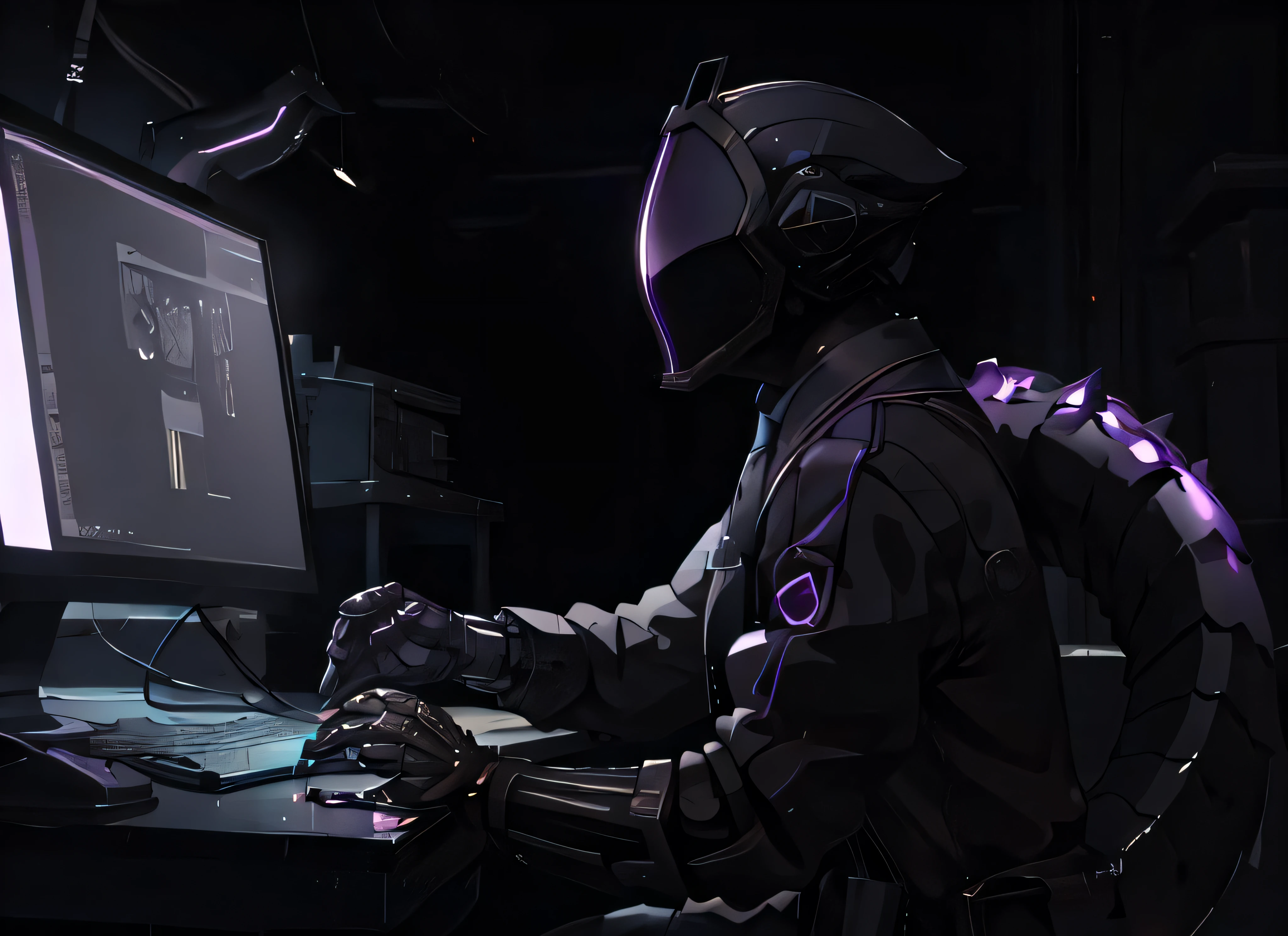 (best quality), 1boy with machine_Tail, solo, male focus, mask, black gloves, whistle, horror theme,(Gloves), darkness,machine, black theme, very detailed background,(amethyst),tungsten filament,cyberpunk,computer screen,(biopunk) Laboratory,8k,cute pose,
