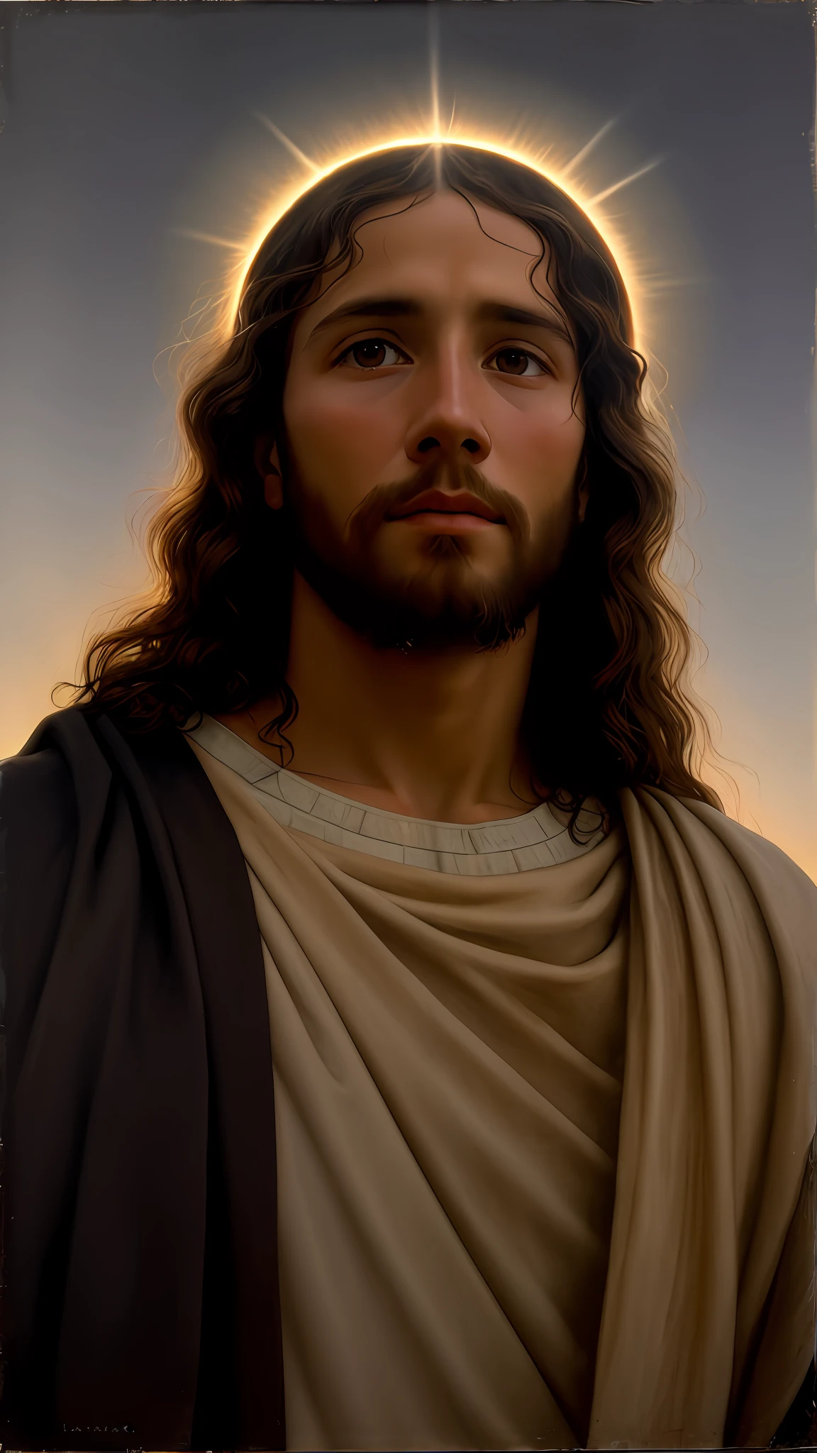 add_detail:1, realistic image of Jesus Christ as a , add_detail:Light, distant light from the sky above the head,