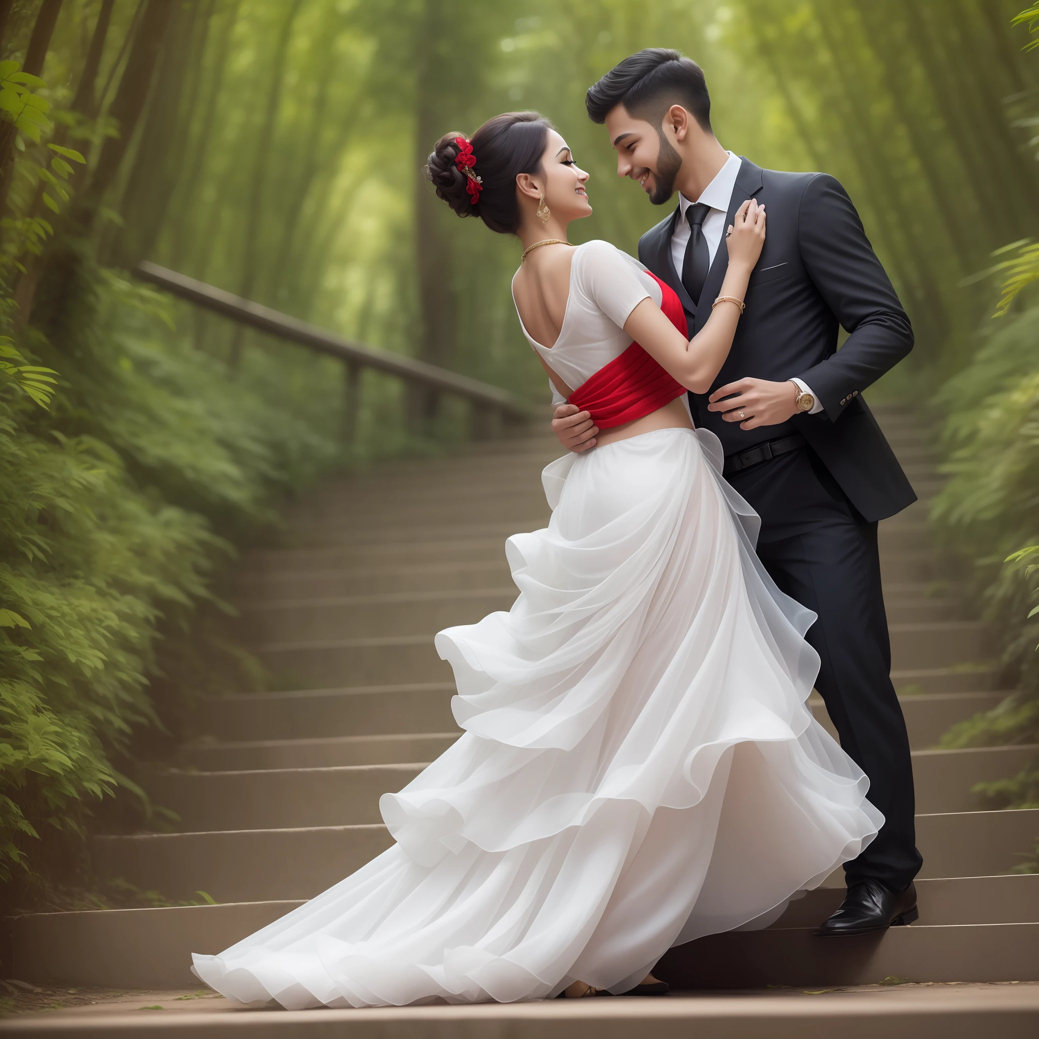 Boy in white formal shirt and girl in red black saree , couple, dancing at stairs, forest, greenery, love atmosphere, happy, clear hd faces, masterpiece, beautiful, 8k resolution.