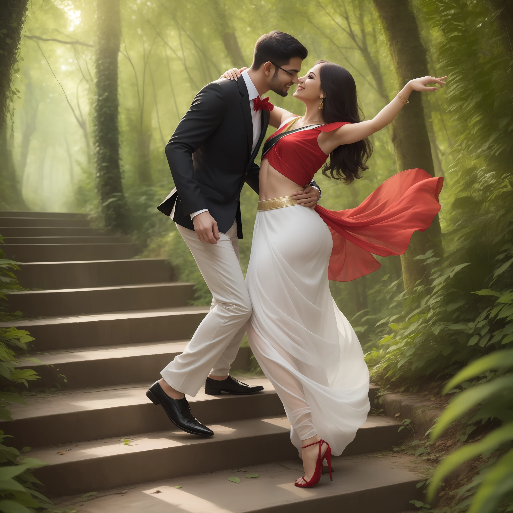 Boy in white formal shirt and girl in red black saree , couple, dancing at stairs, forest, greenery, love atmosphere, happy, clear hd faces, masterpiece, beautiful, 8k resolution.