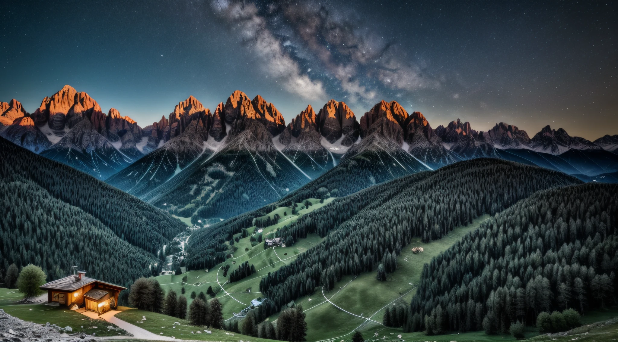 Colfosco overlooking the Sella Group and Val Mezdì, a night with moon and stars in the heart of the Dolomites