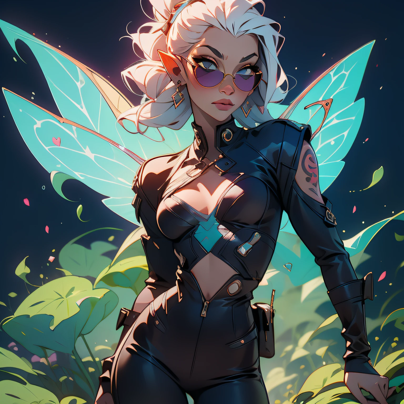 adult demon fairy, sexy body, blue features, blue sunglasses, tattoos, blue flames; avatar, mystique [beyonce]; ultra detailed, 8k