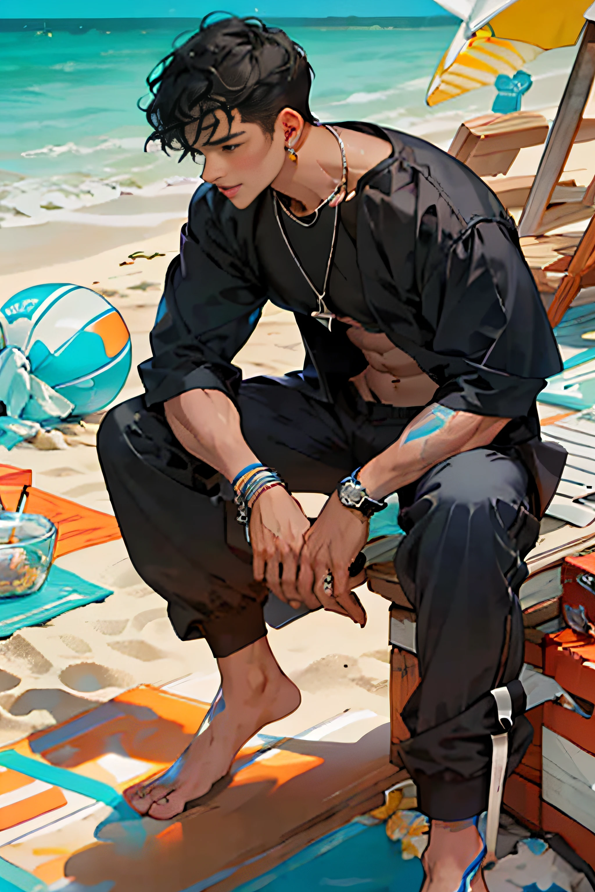 Realistic, (masterpiece, top quality, best quality, official art), very detailed, colorful, most detailed, god, short hair, black hair, dark skin, handsome man, sea, necklace, beach, pectals, abs, beach pants