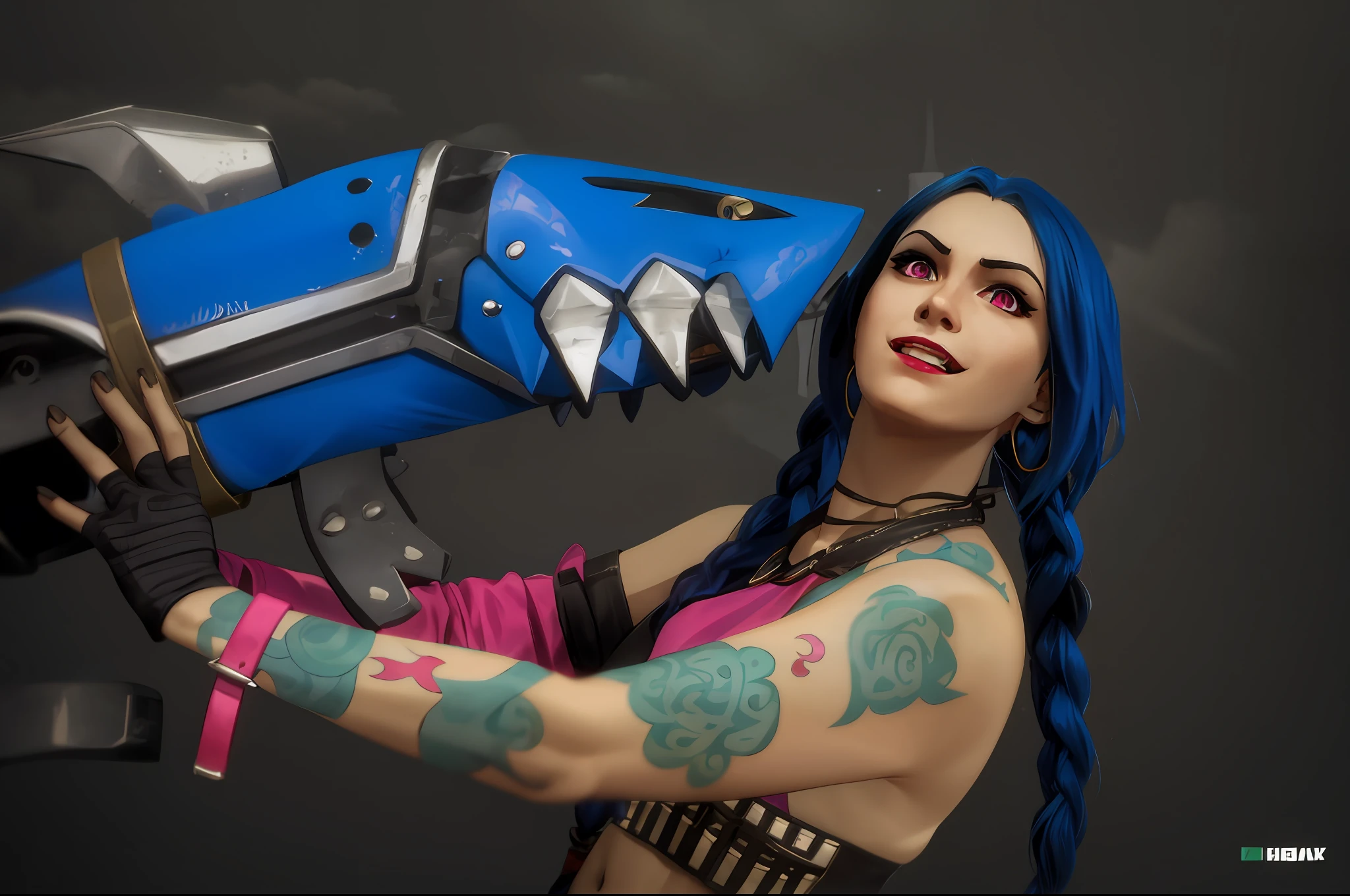 arcane style,
1girl, arm tattoo, asymmetrical bangs, bangs, blue hair, braid, brown shirt, cloud tattoo, looking at viewer, laughing, crazy, uncontrollable laugh, mad look, night, city, green hair, long hair, midriff, pink eyes, red lips, shirt, solo, standing, tattoo, twin braids, upper body, arcane jinx, jinx \(league of legends\)