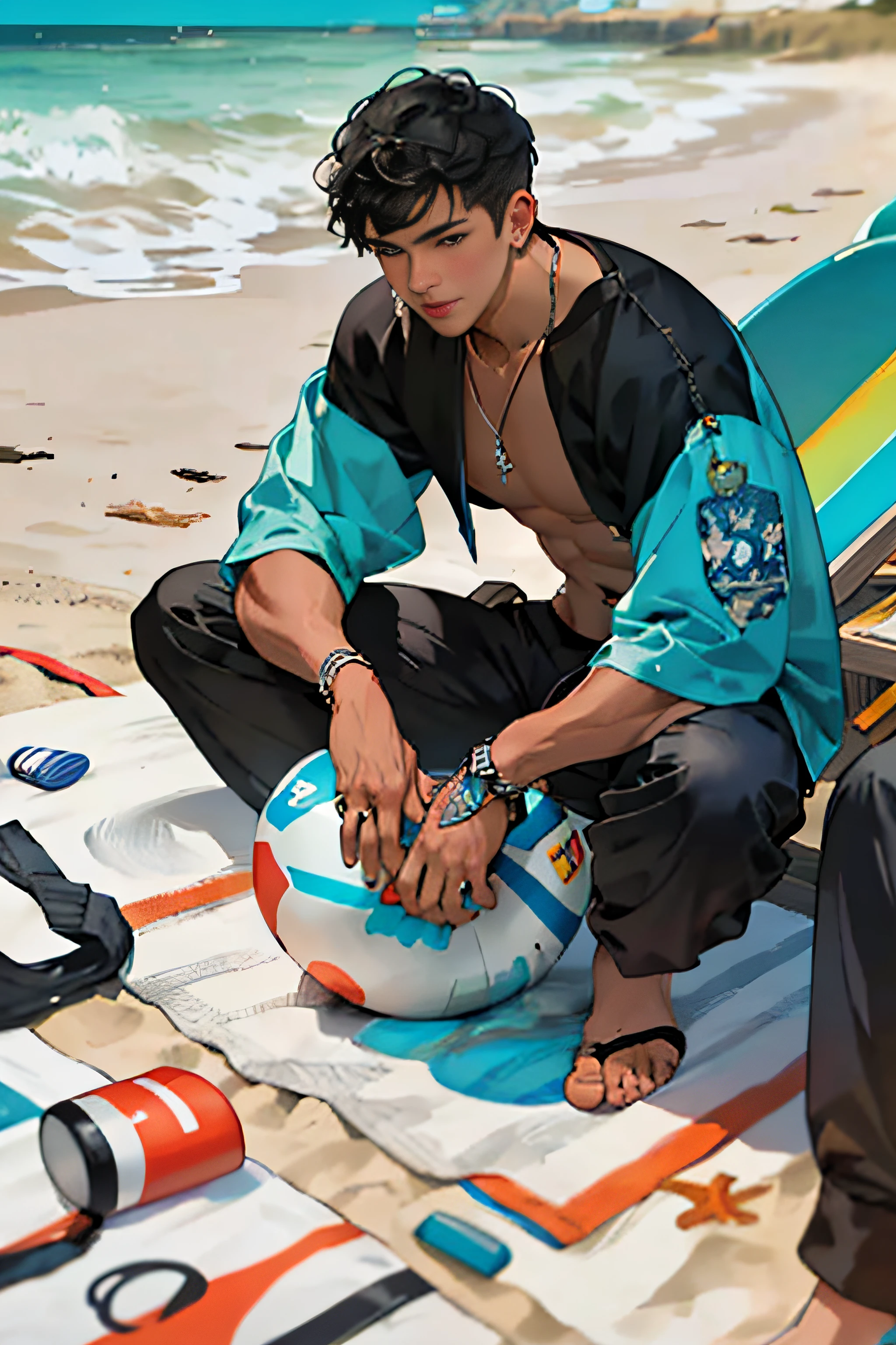 Realistic, (masterpiece, top quality, best quality, official art), very detailed, colorful, most detailed, god, short hair, black hair, dark skin, handsome man, sea, necklace, beach, pectals, abs, beach pants