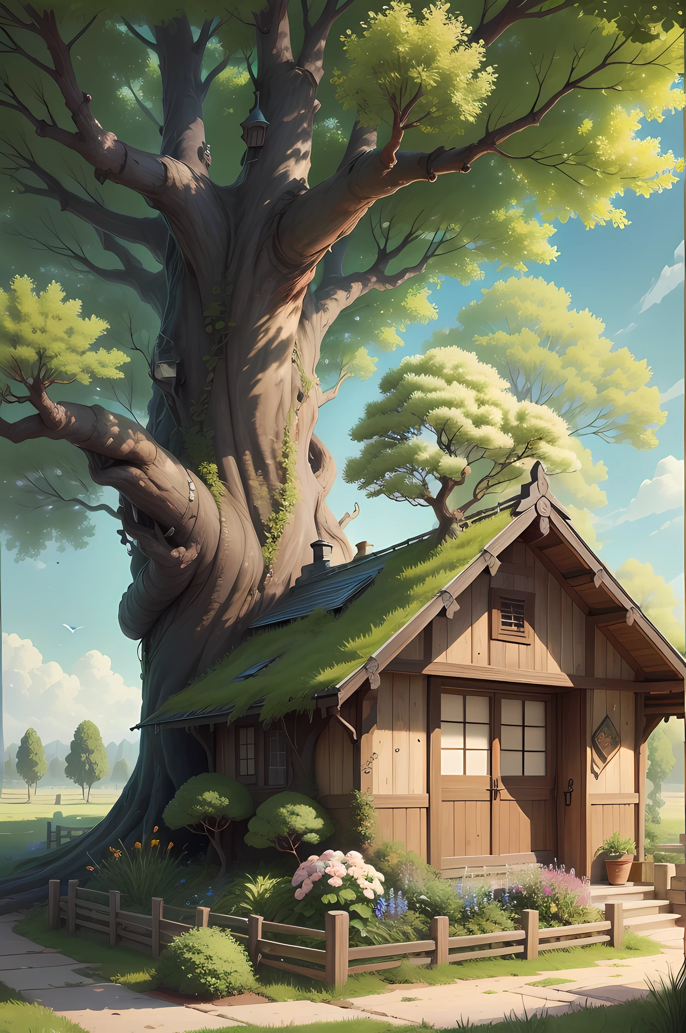 ((realistic light, superlative, 8K, A Masterpiece: 1.3)), Summer scenery in the Japanese countryside, Studio Ghibli, Doraemon's house covered in flowers, My neighbor's house collapsed, The House of Honor, The house next door is in ruins and grass grows, A great home for yourself, Ghibli, Fantasy, Ghibli paintings, Beautiful 1000-year-old tree, A very mysterious tree, A small and beautiful house located under a very noble tree. A very large and formidable tree, A huge 5000-year-old tree with a variety of plants growing, Only one house, Beautiful flowers
