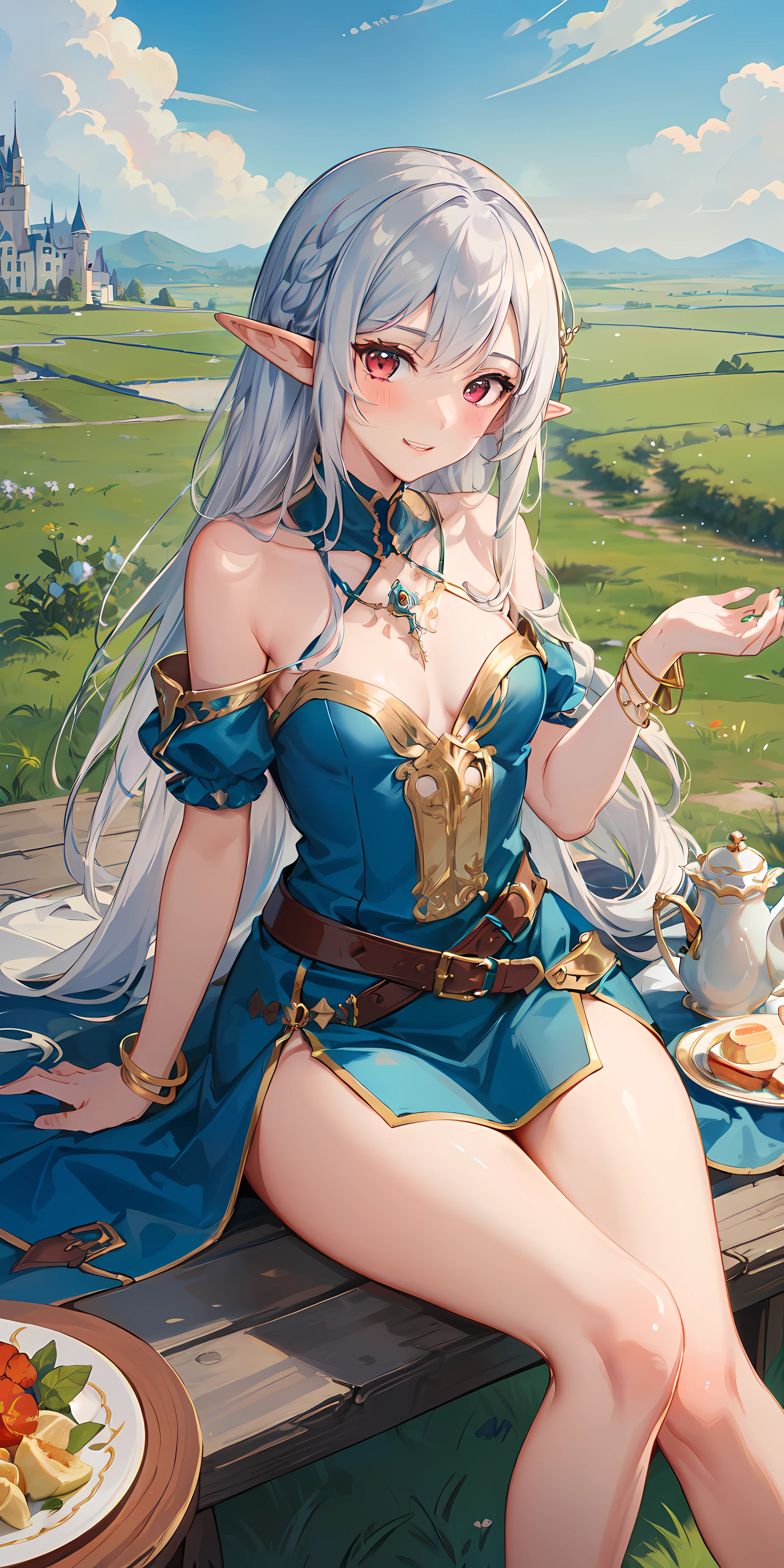 (frilly green motived medieval dress, high heels, hair ornament, bracelet, necklace gold, covered legs), detailed vibrant eyes, Perfect features, (masterpiece), (best quality:1.4), intricate details, moist skin, shiny skin, glossy skin, (masterpiece, best quality, good quality:1.4), intricate details, (detailed background, outdoor picnic, picnic table, grassland, plains, castle in the distance), (cinematic lighting, best illumination, colorful), (1girl, solo, elf girl, red eyes, long braided hair, silver hair, elven ears, sharp face, blushing, big ass, very wide hip, small breasts, covered, lean body, perfect hand), looking at viewer, wide smile, excited, sitting down, holding tea cup