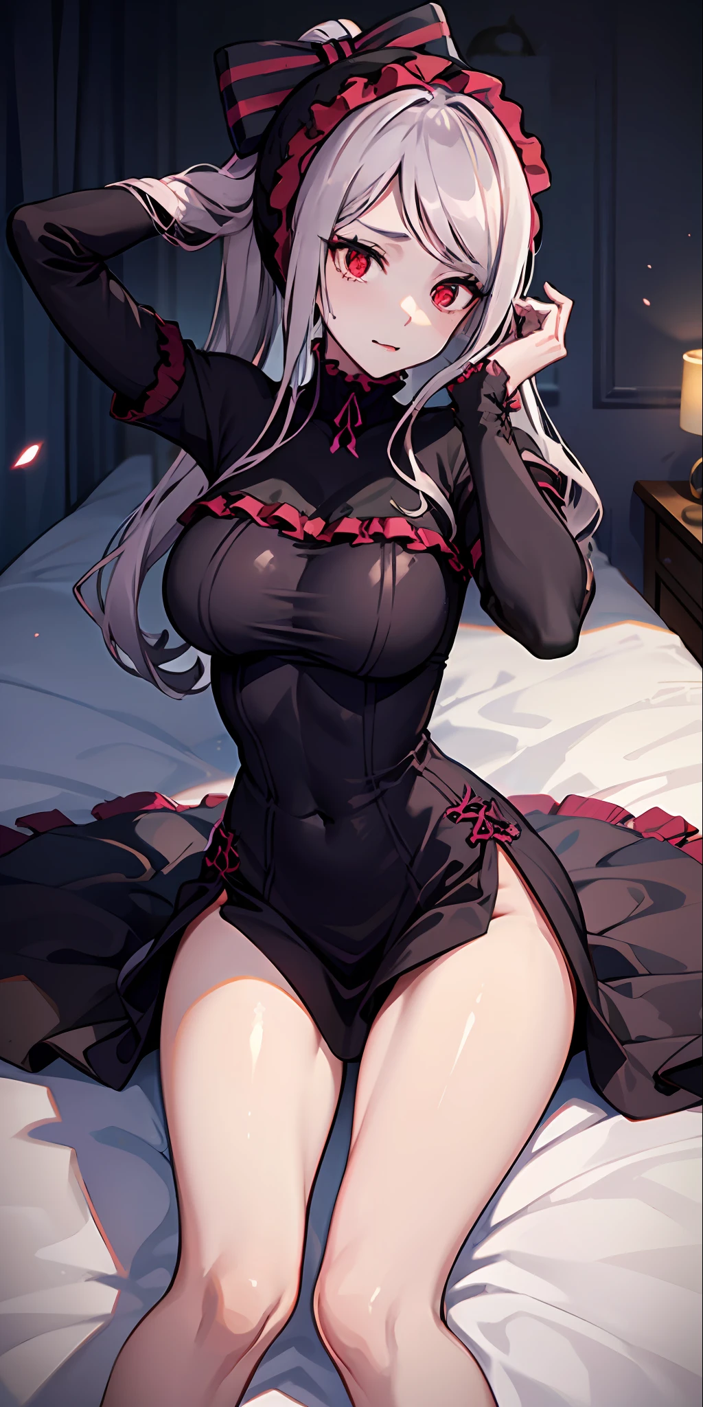 Shalltear, 1Menina, Vampiro, sentada numa cama, pernas cruzadas, pale skin, pele branca, quarto, sorrir, boca aberta, estante, vestido longo, olhos cortados, vestido babado, hair bow, split lighting, light particles, altamente detalhado, absurdos, Obra prima, boa anatomia, hands in hair