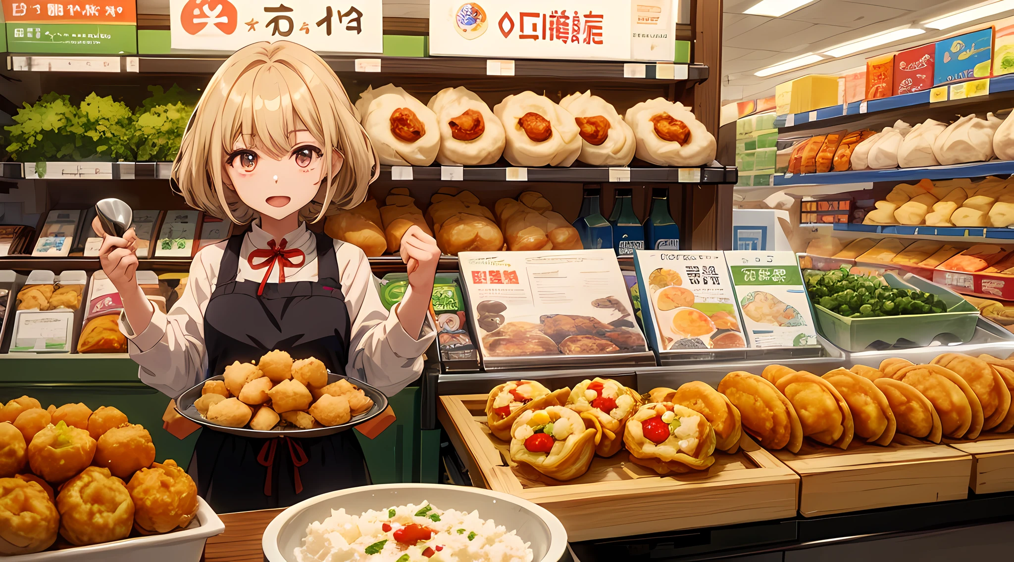 (best quality, high quality:1.4), anime, solo, 1girl in supermarket stall gyoza jiaozi fried dumplings, frying pan