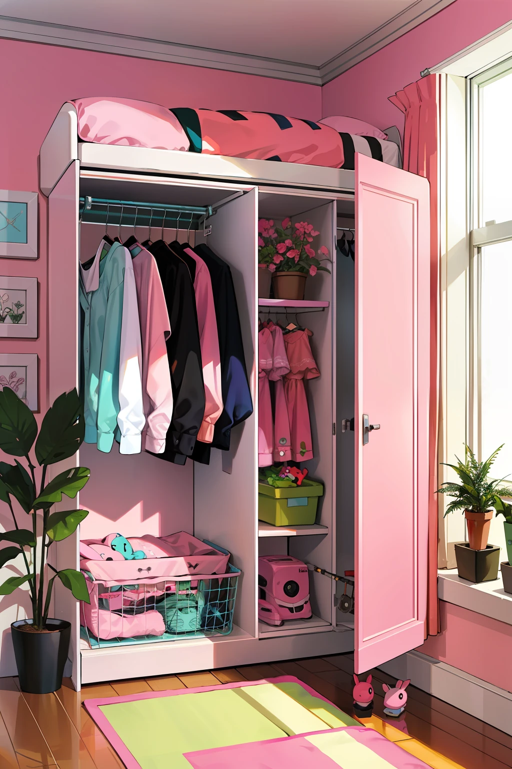 A girls' room，Pink vibe，Wardrobe and bed，green plant，toys，no people