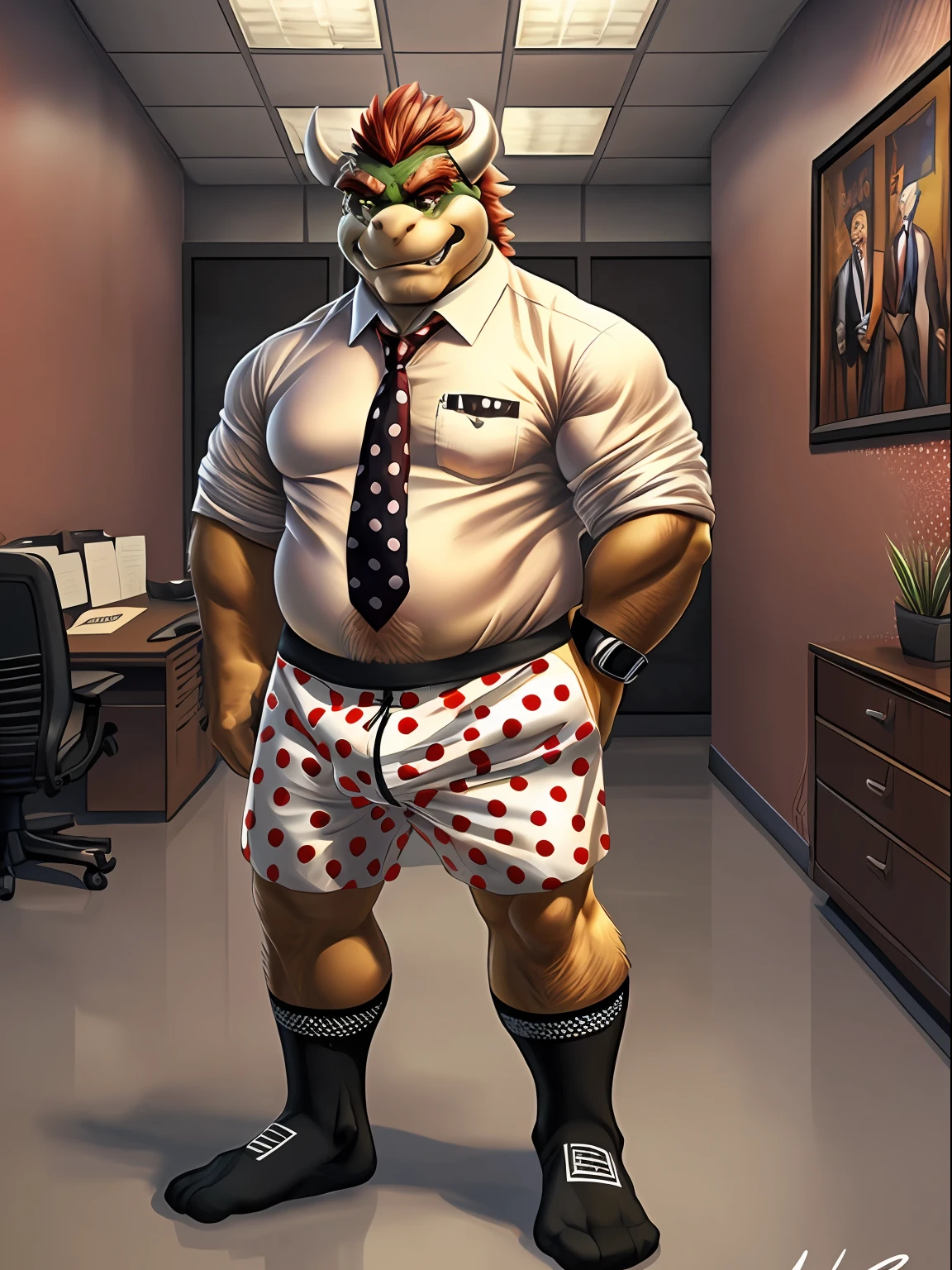 Bowser, beard, daddy, seductor, mirando al espectador, smirk, (white and red polka dots pattern oversized long loose boxers:1.3), (white shirt, tie, black socks:1.3) (posing) macho, masculine, male focus, chubby, fat, de cerca, standing, frontal view, full body, office, sitting office chair