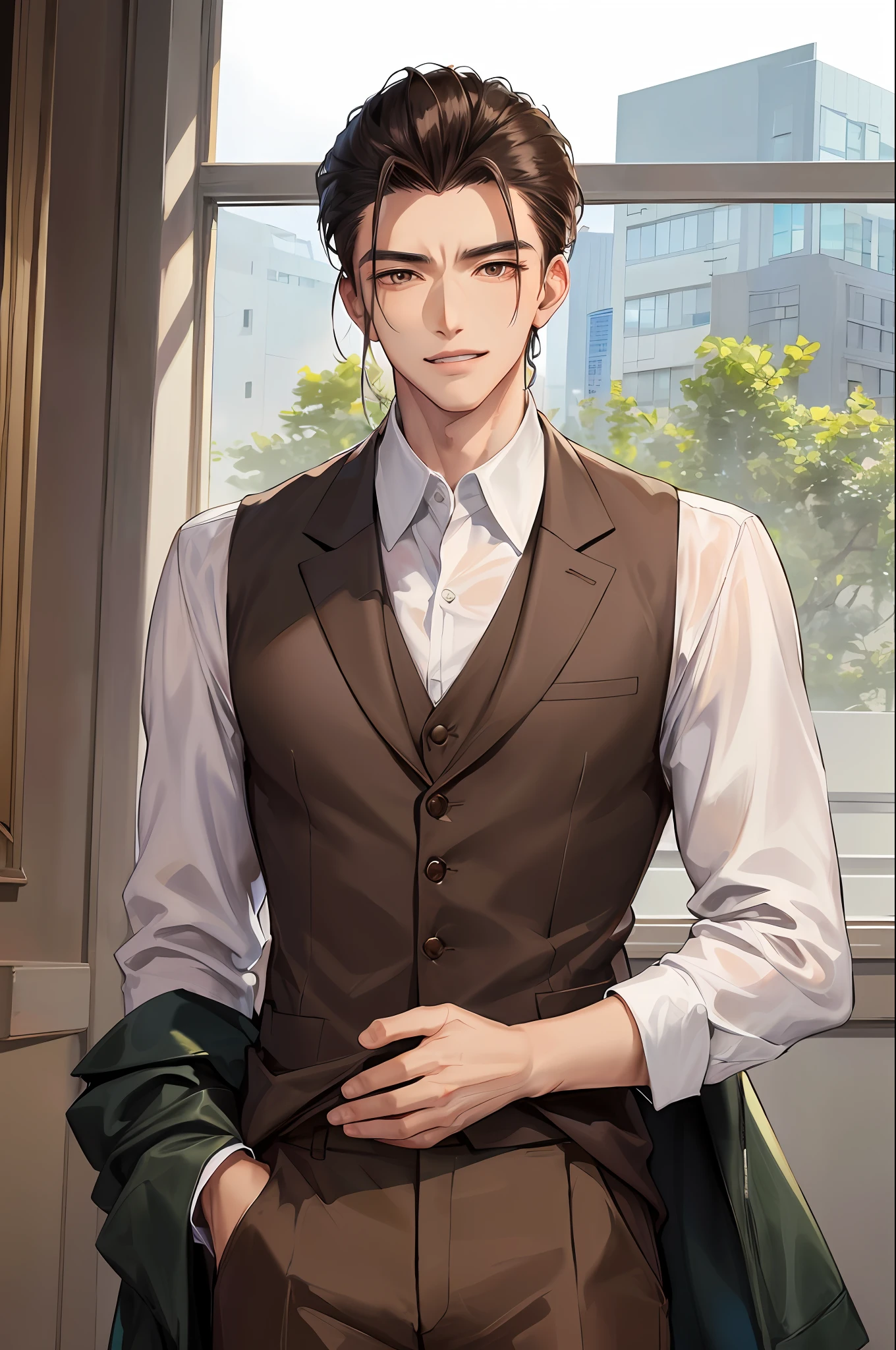 masterpiece, (handsome Taiwanese man:1.3), (taiwanese man:1.3), Delicate and beautiful hair and eyes and face, handsome man, large office, large window office, (sidelighting:1.2), lean, muscular, tanned complexion, broad shoulders, smirking, scenery, slicked back tousled hair, ceo office, building, dynamic hair, tousled slicked back hair, detailed jet black hair, glow brown eyes, (white shirt+brown vest+brown suit+brown trousers), tan skin, 1man