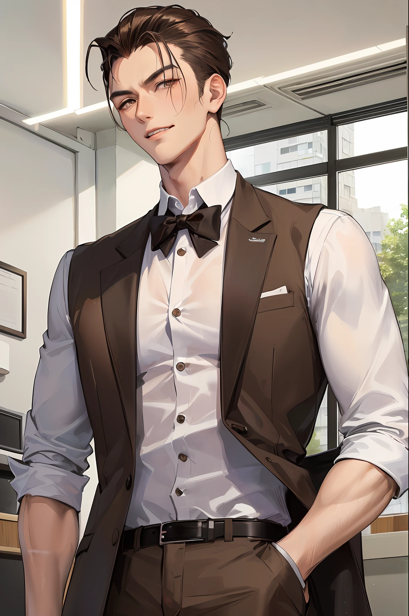 masterpiece, (handsome Taiwanese man:1.3), (taiwanese man:1.3), Delicate and beautiful hair and eyes and face, handsome man, large office, large window office, (sidelighting:1.2), lean, muscular, tanned complexion, broad shoulders, smirking, scenery, slicked back tousled hair, ceo office, building, dynamic hair, tousled slicked back hair, detailed jet black hair, glow brown eyes, (white shirt+brown vest+brown suit+brown trousers), tan skin, 1man