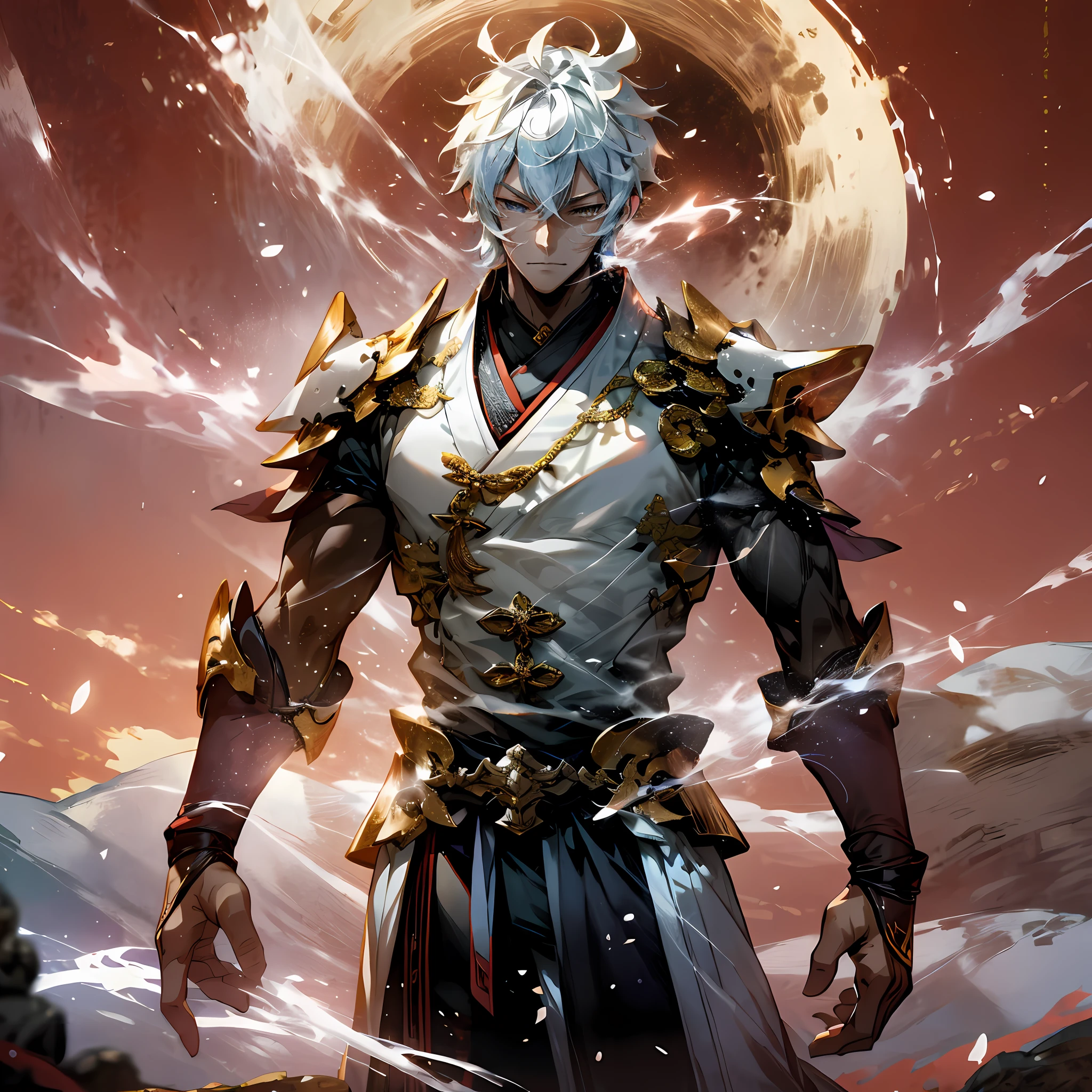 Personaje de anime con cabello blanco y armadura parado frente a una luna llena, Keqing de Genshin Impact, Chico guapo en el arte de Demon Slayer, Zhongli de Genshin Impact, Personaje de Genshin Impact, por Yang J, Guilty Gear Strive Splash Art, Loong, Genshin, Thancred Waters al estilo de Wlop, Impacto de Genshin