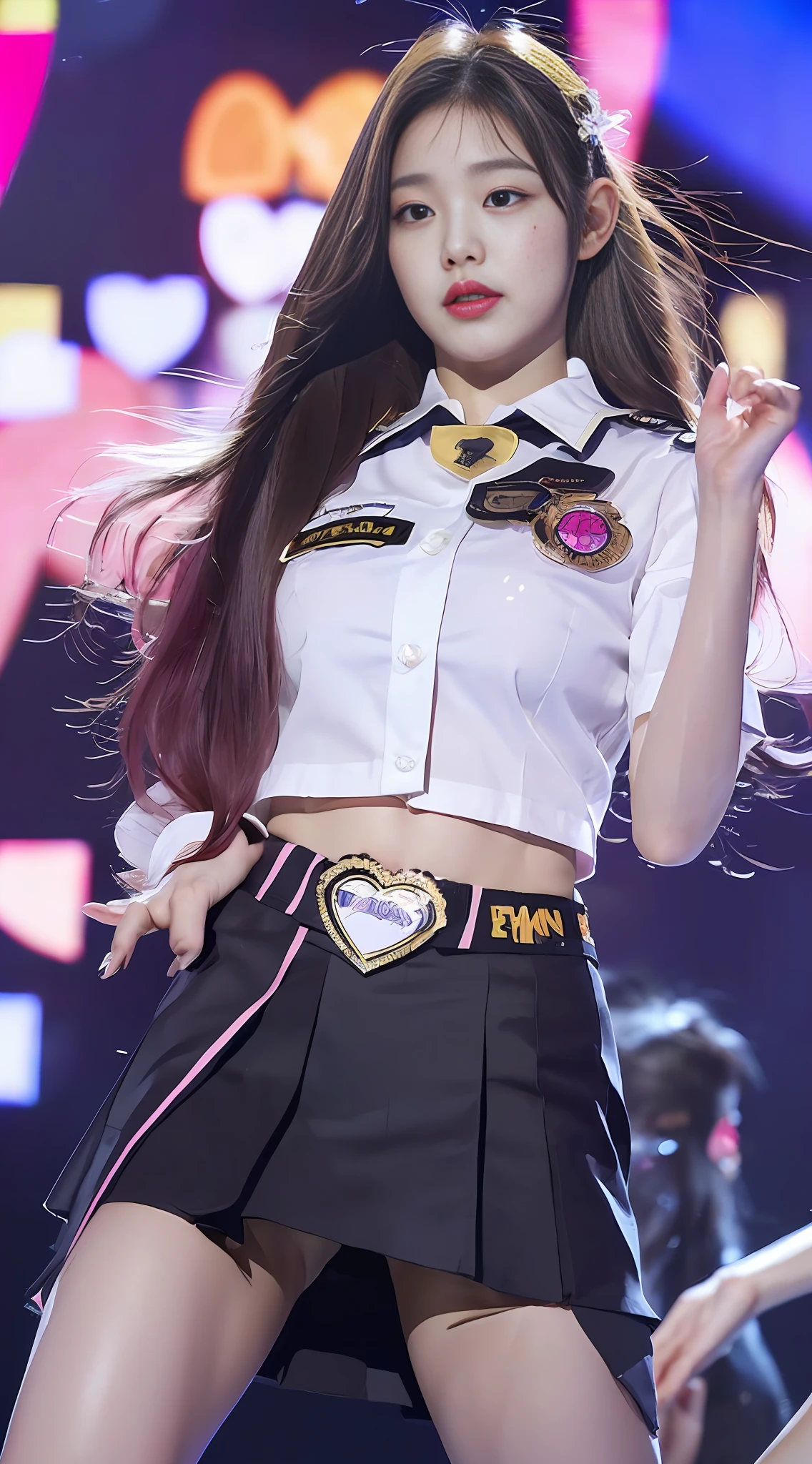 Perfect girl body、Big Body Set((The girls:-yeld(K-pIdol))(heart)((You're on stage(Live Action))Angle from below:Low angle、badge、name tag、Pink ribbon、Sweating、Thigh、(Pubic hair is transparent)、camel's toes、Open skirt
