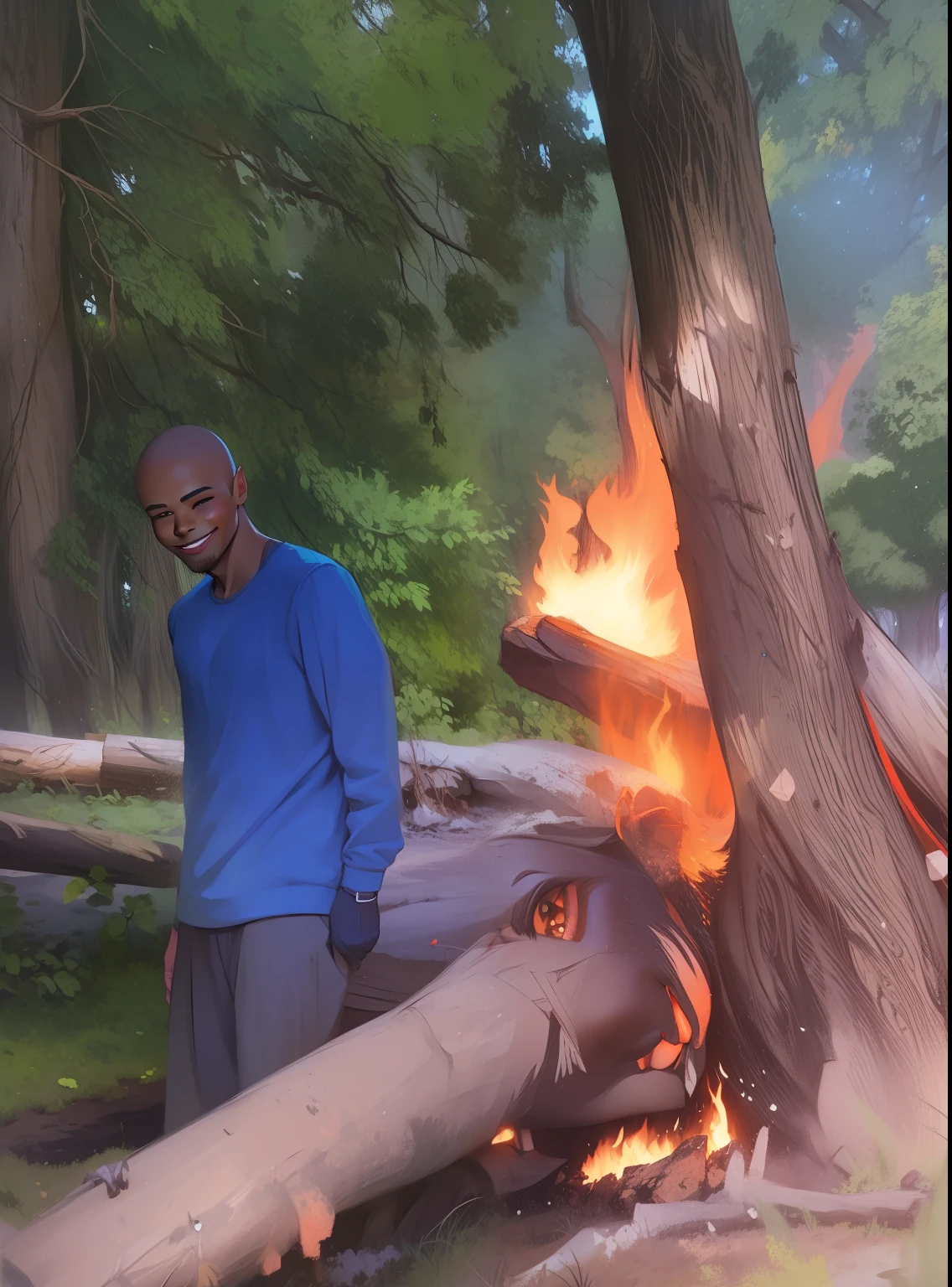 put image in cartoon art style man with brown skin and bald hair style smileing in the woods next to a tree on fire