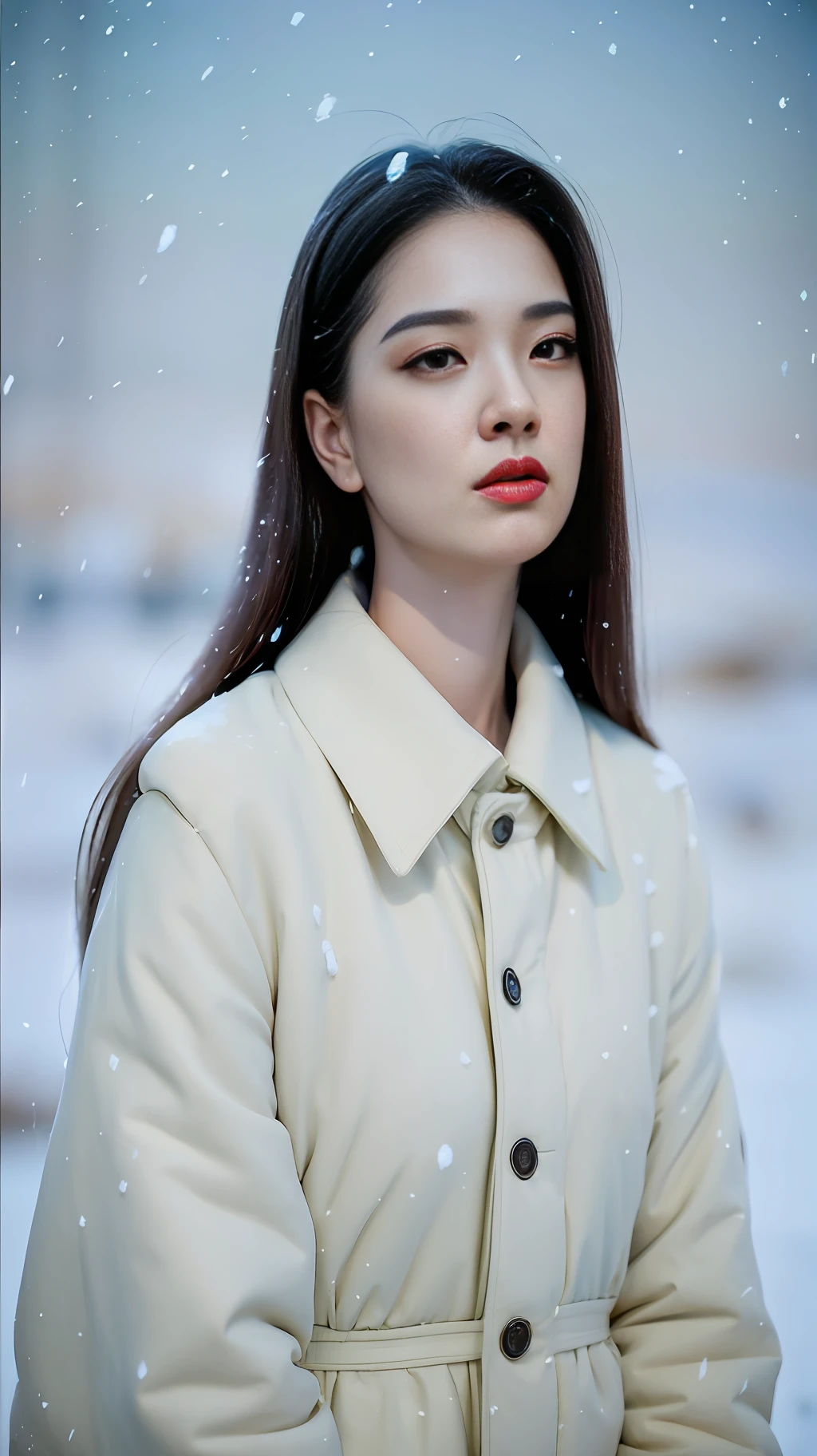 (8k, best quality, masterpiece, ultra highres:1.2) Photo of Pretty Japanese woman
 in the (style of paul rubens and rebecca guay:1.1) (melancholy winter snow:1.4)