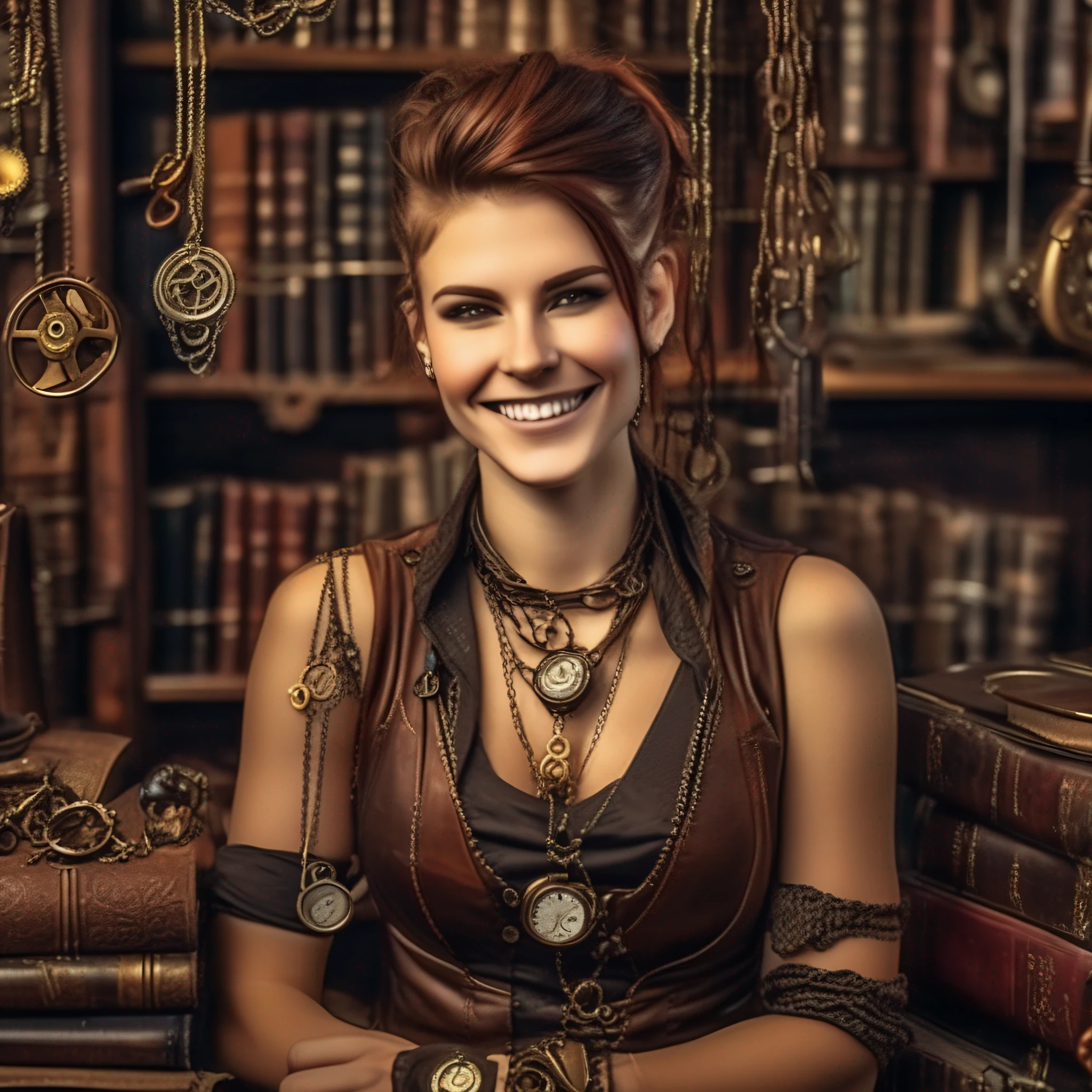 Steampunk, steampunk, smiling woman in a small bookstore, necklaces, earrings, bracelets, chains, shirts, vests, belts