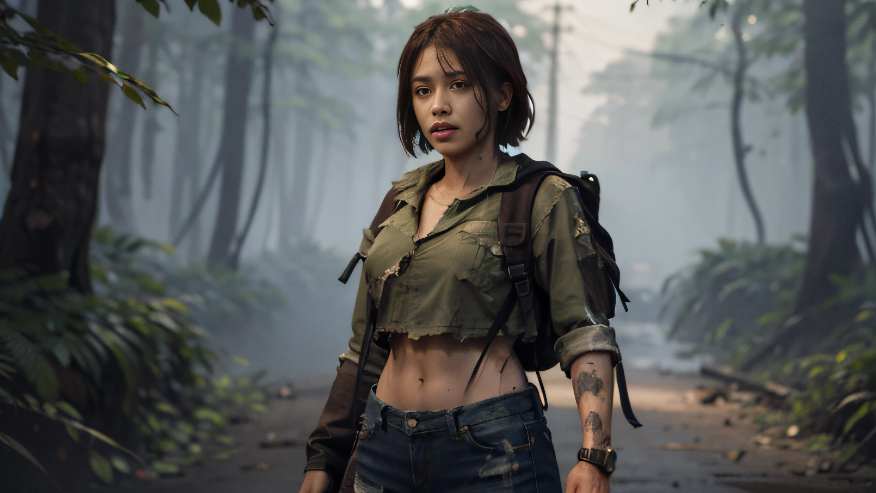 Mulher cabelo longo preto, Moleton Marrom, mochila marrom, jean pants, Forest destroyed, Hyper realistic cinematic lighting super details skin texture is a lot of detail, chovendo, chuva intensa, noite, survival, destruction, 8k, Ultra HD |