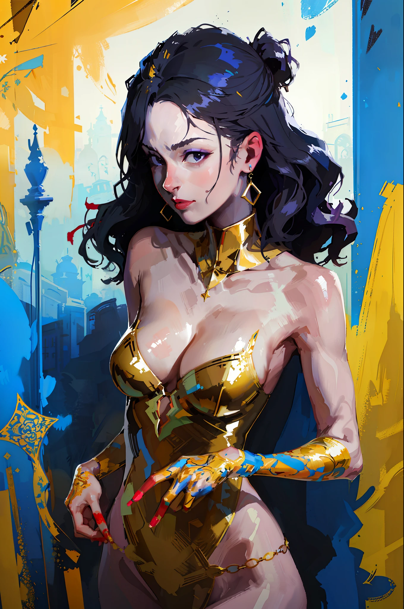 (Masterpiece, best qualit, HIGH RES:1.4), (((a 1girl))), Portrait of a beautiful gothic mysterious girl, on the street, ((Beautiful female face)), Young aristocrat, ((Successful composition)), ((paint splashes)), intricate jewelry made of gold and sapphires