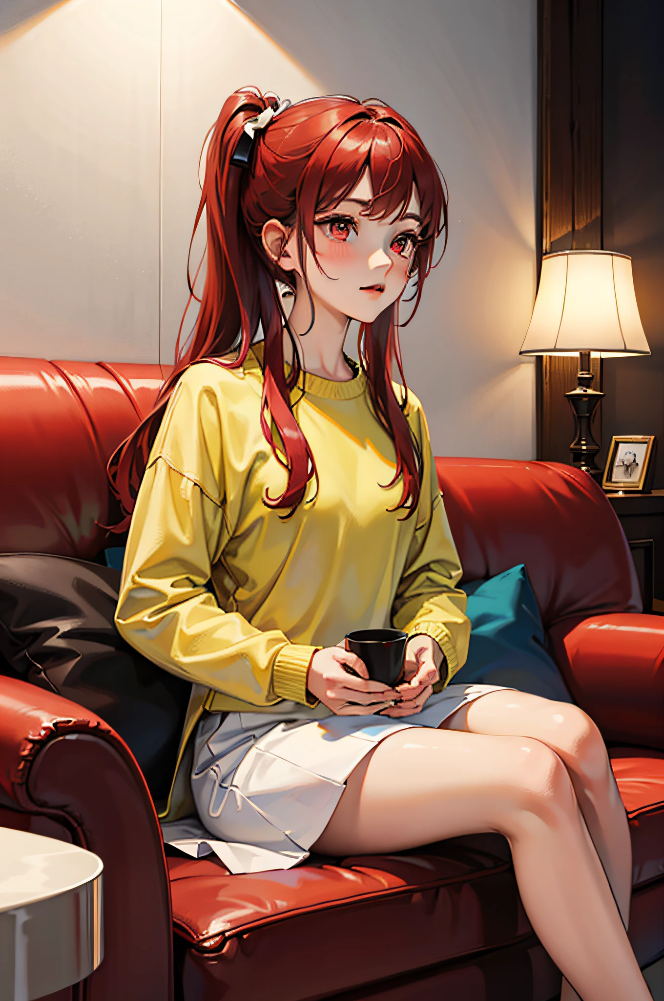 （A Masterpiece：1.2）， （bestbestquality：1.2）， 8K， Ultrahigh definition， hyper high resolution， （1女孩：1.2）， cheerfulness，lovable，Two ponytails，petite loli，Long red hair，Red eyes，Yellow shirt，White skirt，(In the hotel，Capture，Sit，sitting on couch）