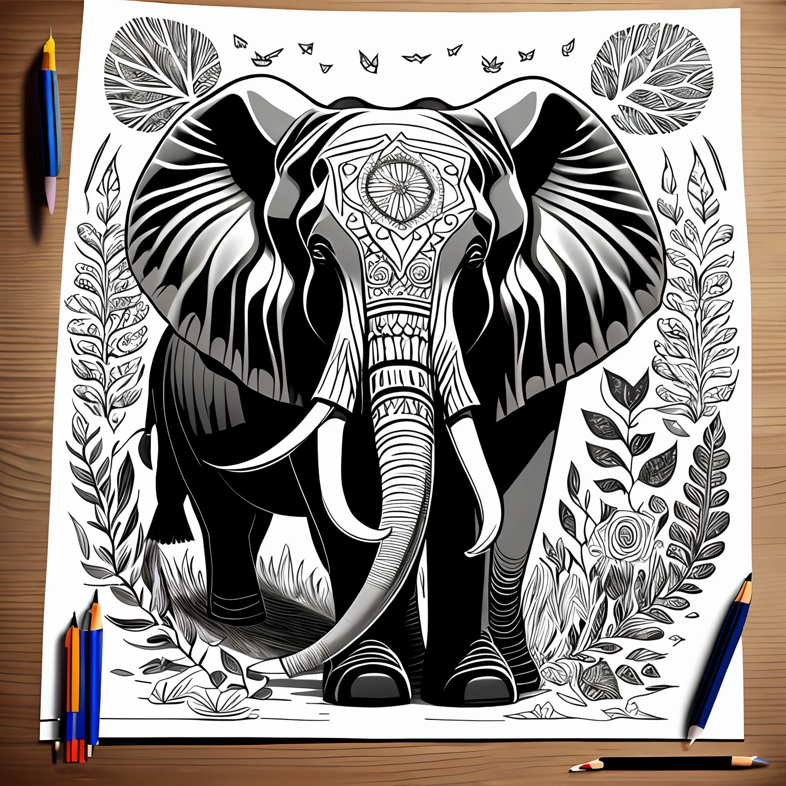 Desenho para colorir de um elefante na floresta com mandala no fundos , desenhos para colorir, florestas ,elefante, clean coloring book page, black and white coloring, coloring book outline, kids fantasy drawing, arte da linha preto e branco, linear limpo, line art colouring page, com muitos detalhes, elefante branco, apenas nas cores preto e branco --auto