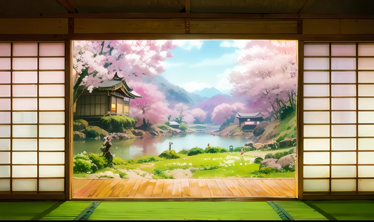 Anime-Sakura、anime background art、Anime landscape concept art、Beautiful anime scenery、Takegaki、Japan Art Style、inner citadel、Japanese garden、Garden seen from a Japanese-style room、beautiful anime scene、Realistic anime style、anime landscape、Traditional conceptual art of Japan、anime background、beautiful anime artwork、Beautiful digital artwork drawn in the studio of an animation manga artist。