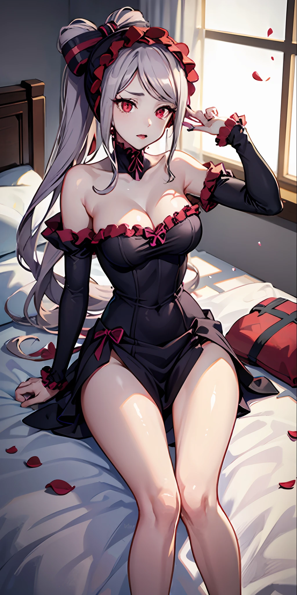 Shalltear, 1Menina, Vampiro, sentada numa cama, pernas cruzadas, pale skin, pele branca, quarto, sorrir, boca aberta, estante, vestido longo, olhos cortados, vestido babado, hair bow, split lighting, light particles, altamente detalhado, absurdos, Obra prima, boa anatomia, hands in hair, decote
