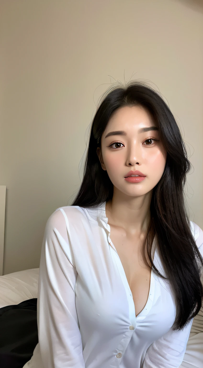 ((Top quality, 8k, Masterpiece: 1.3)), beauty, hidden face, 1 girl, beauty: 1.3, slender abs: 1.1, large men's shirt (loose: 1.4) exposed, full chest, long black hair, (kneeling on bed), ultra-detailed face, highly detailed lips, detailed eyes, double eyelids, strict head and body ratio: 1.5,